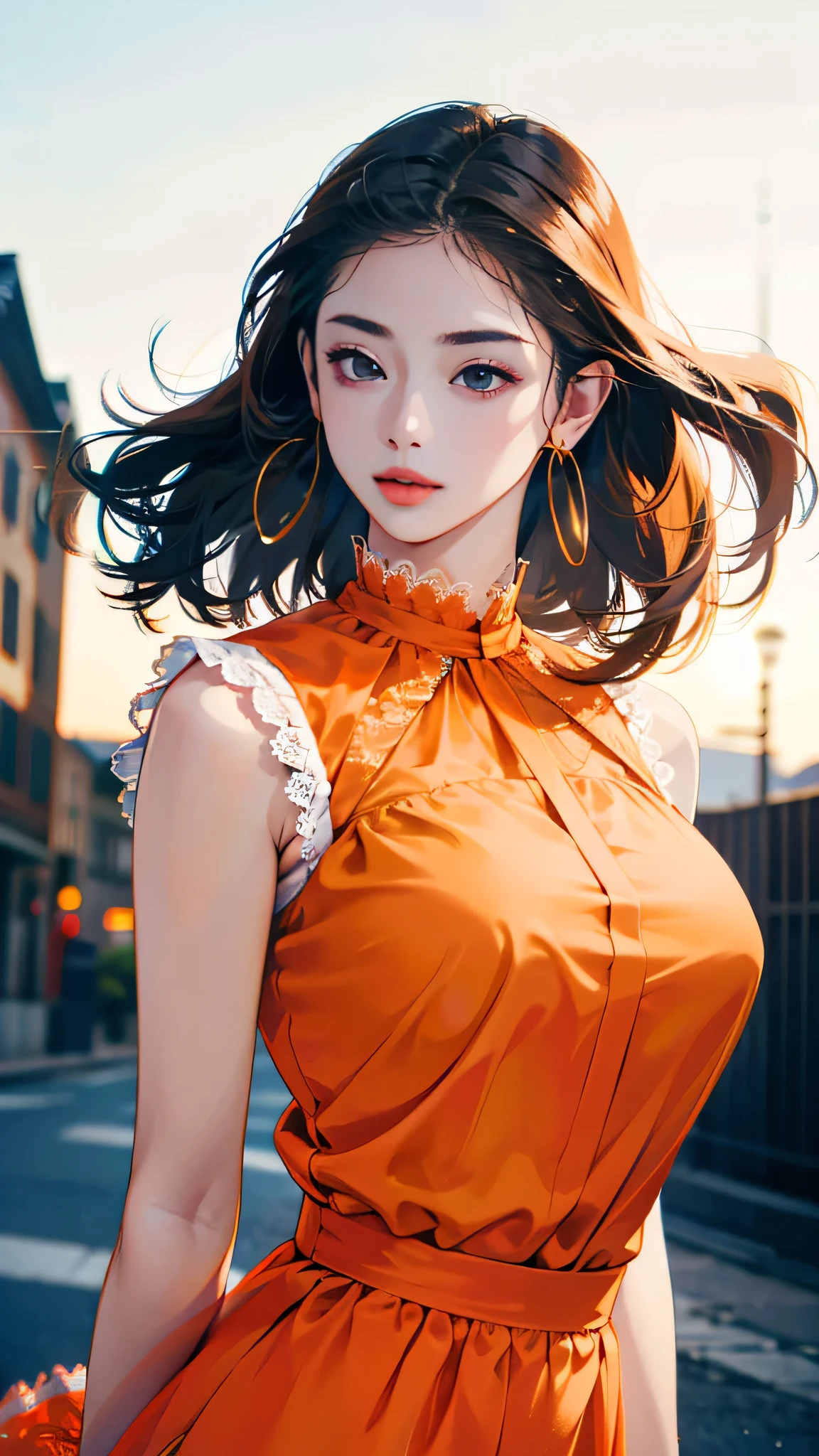 a woman posing on the street corner with light orange dress on, best quality, high res, 8k, 1girl, (huge breasts), day, bright, outdoor, (street:0.8), (people, crowds:1), (lace-trimmed dress:1.5, light orange clothes:1.5, orange high-neck dress:1.5, sleeveless dress, orange dress: 1.5), gorgeous, (medium hair), beautiful detailed sky, beautiful earrings, (dynamic pose:0.8), (upper body:1.2), soft lighting, wind, shiny skin, looking at viewer,
