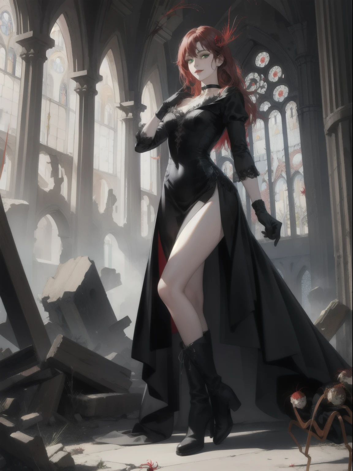 Very detailed, High resolution, masterpiece, Realistic, Beautiful details, depth, Fine texture , highest quality: 1.3, looking at the viewer, perfect face, perfect eyes, red hair, bangs, sorceress, pale skin, dark makeup, mysterious smile, dark hair ornaments, green eyes, choker, long gloves, long boots, gothic dress, long black dress, split dress, red spider lilies, Higanbana, church ruins on background