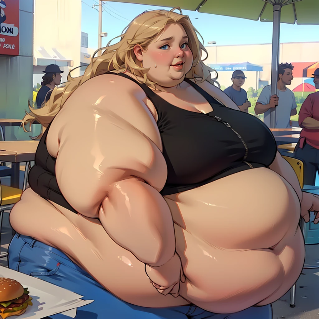 (masterpiece, best quality, highres, detailed, realistic:1.2), young american woman, USSBBW, (morbidly obese, fatblob:1.6), (gigantic belly:1.3), (detailed face, beautiful face:1.2), high aesthetic, unzipped hot pants, streched ripped tanktop, long wavy blonde hair, blue eyes, eating a huge burger, burger joint, from side