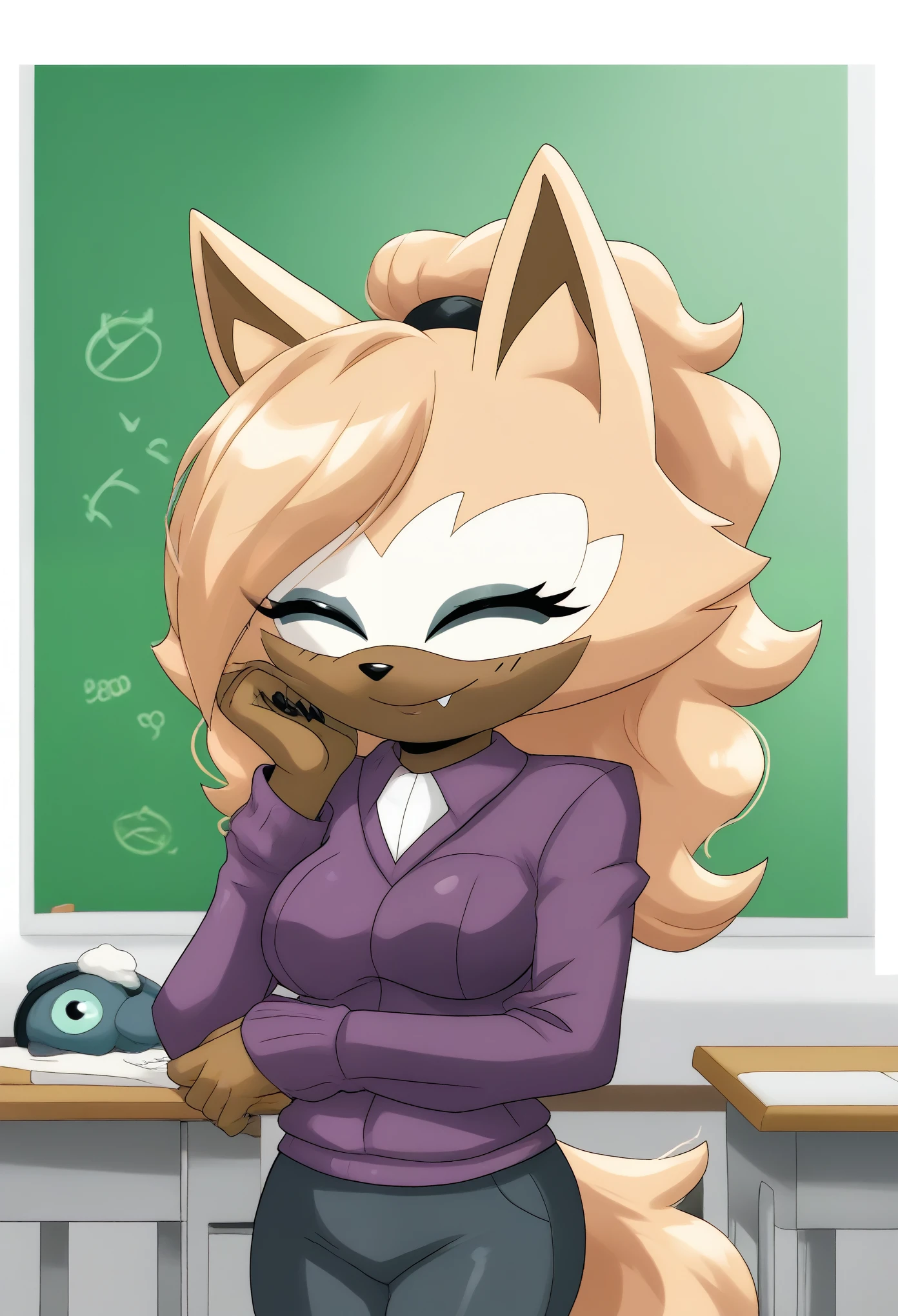 Female wolf, Whisper the Wolf, closed eyes, hair down, long curly hair, body, medium breasts, eyelashes, cute smile, school house, dressed as a teacher, classroom, daytime, mobian, mobius city