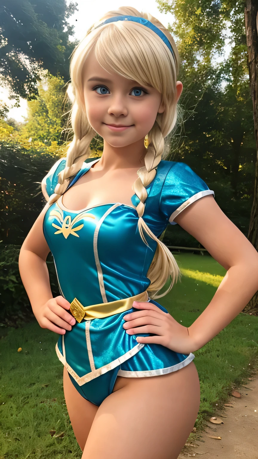 A cute *********** girl in a short Elsa costume, steht auf einem harten Holzboden, aufgenommen von oben, while she looks confused into the camera. Blonde pixie cut, curvy body,