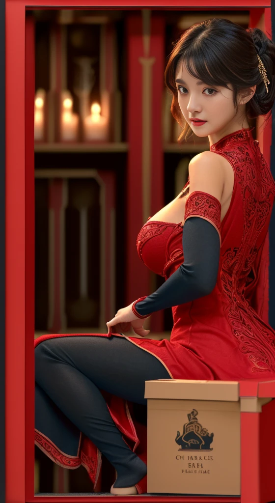 (highest quality), Realistic, (live-action, Intricate details, Depth of written boundary), Very detailed,Detailed skin, (((Gorgeous dark red dress:1.2, length, Huge breasts、turn around、No sleeve, race))), (((Small box:1.4))), (Beautiful face, Lips parted, I'm looking forward to, akina-nakamori), (Japanese female college student standing in a large church, Open Stance), (Long Blonde Hair:1.2, One-length hairstyles), Fair skin, Stained glass, light shines in from the ceiling, Backlight, Low angle shot:1.2, Full Body Shot