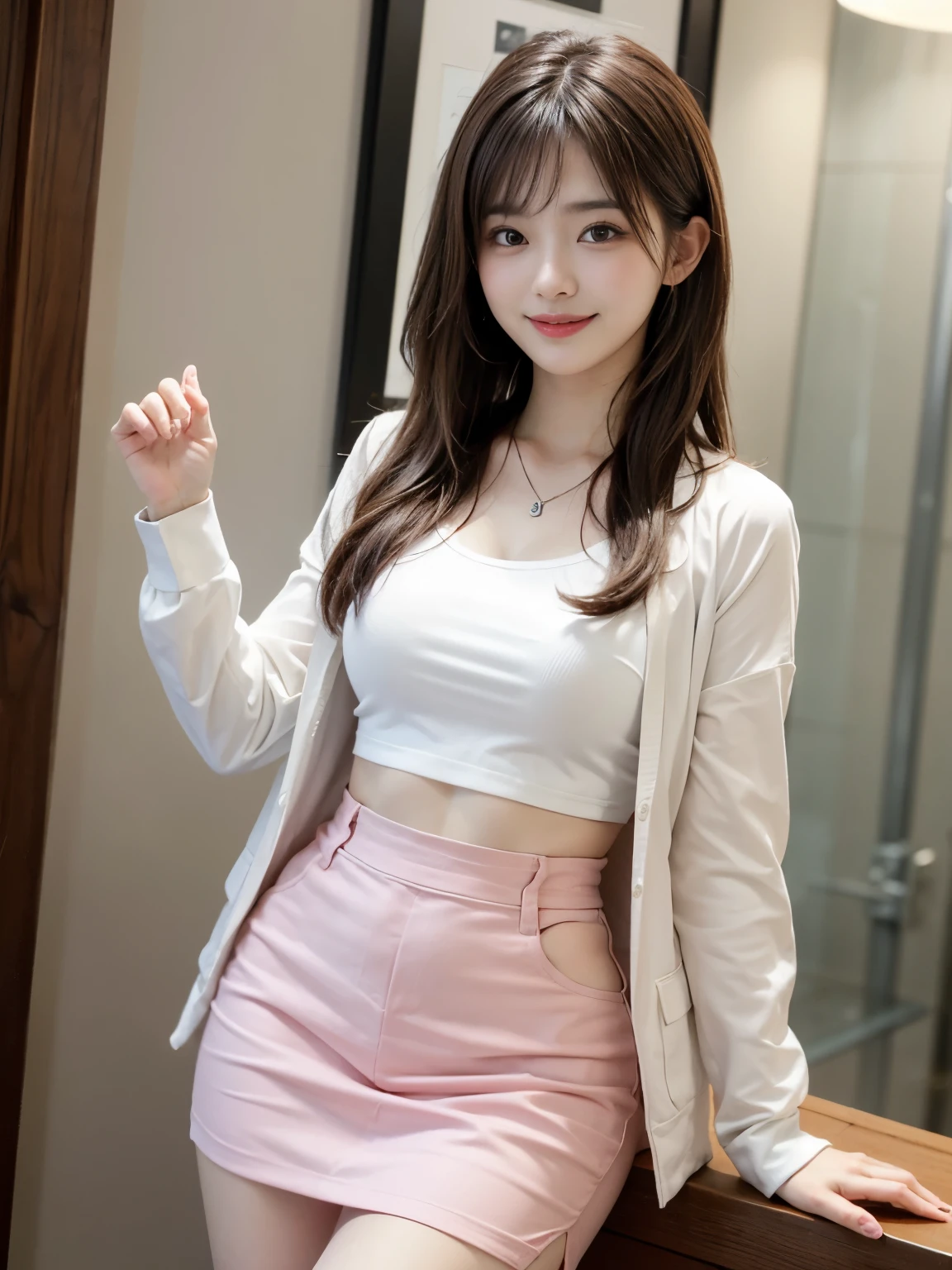 8k,Best quality、Beautiful woman, 22 years old, whole body, (Slim figure), (Long legs), Natural bust, smile, Fine grain, double eyelid, Earrings and Necklaces, Long Hair, white shirt top, Pink hip skirt, Pink jacket、OL, white collar,(((Brown long hair、See-through bangs)))、(歯を見せる可愛いsmile)、爽やかなsmile