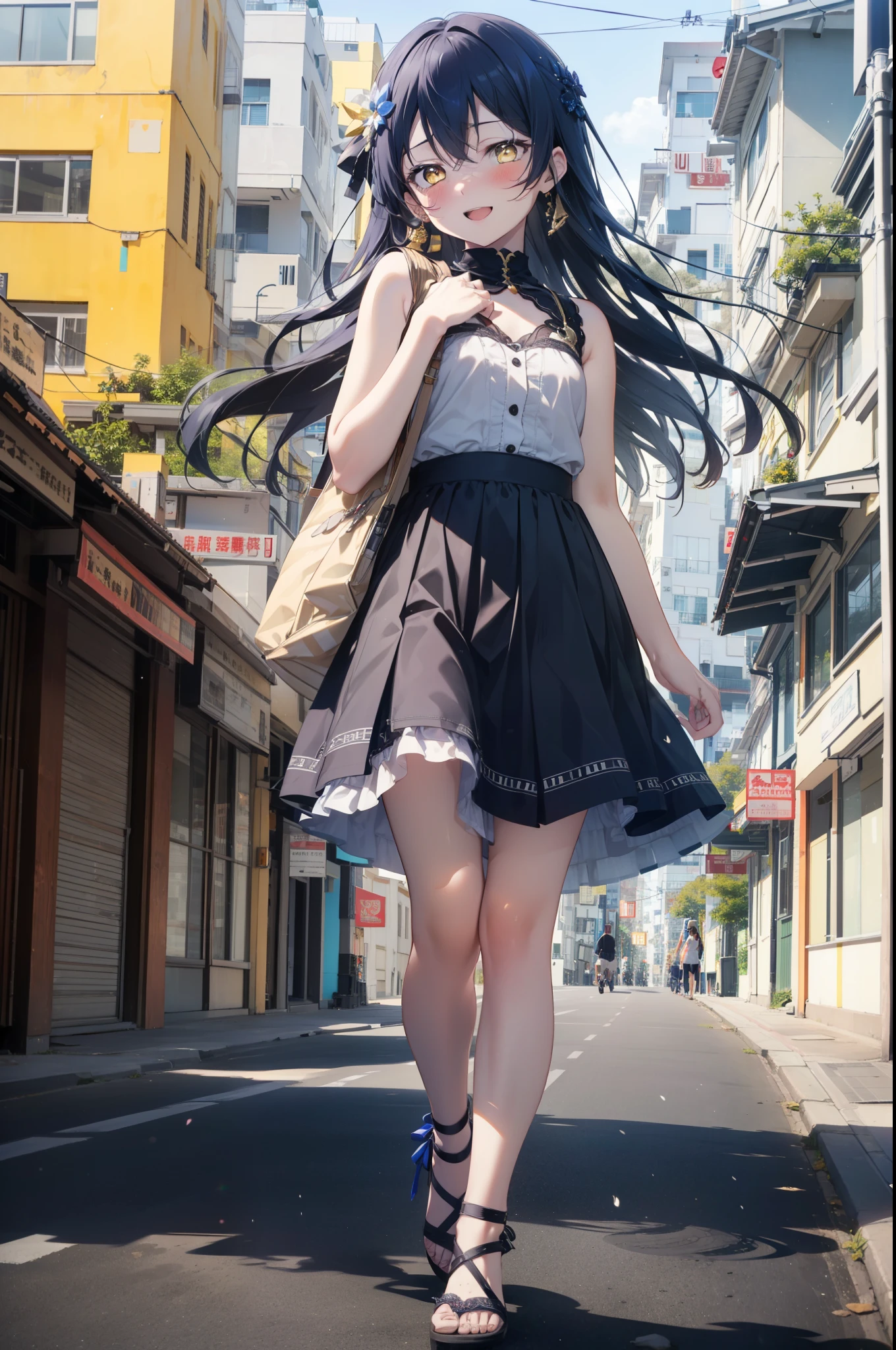 Kamisonoda, Umi Sonoda, Long Hair, Blue Hair, (Yellow Eyes:1.5) (Flat Chest:1.2),happy smile, smile, Open your mouth,blush,Blue sleeveless dress,Bare arms､Blue long skirt,Cute Sandals,Daytime,Clear skies,whole bodyがイラストに入るように,Walking,
break looking at viewer,whole body,
break outdoors, In town,Building district,Coastal Road,
break (masterpiece:1.2), highest quality, High resolution, unity 8k wallpaper, (figure:0.8), (Beautiful fine details:1.6), Highly detailed face, Perfect lighting, Highly detailed CG, (Perfect hands, Perfect ???????),