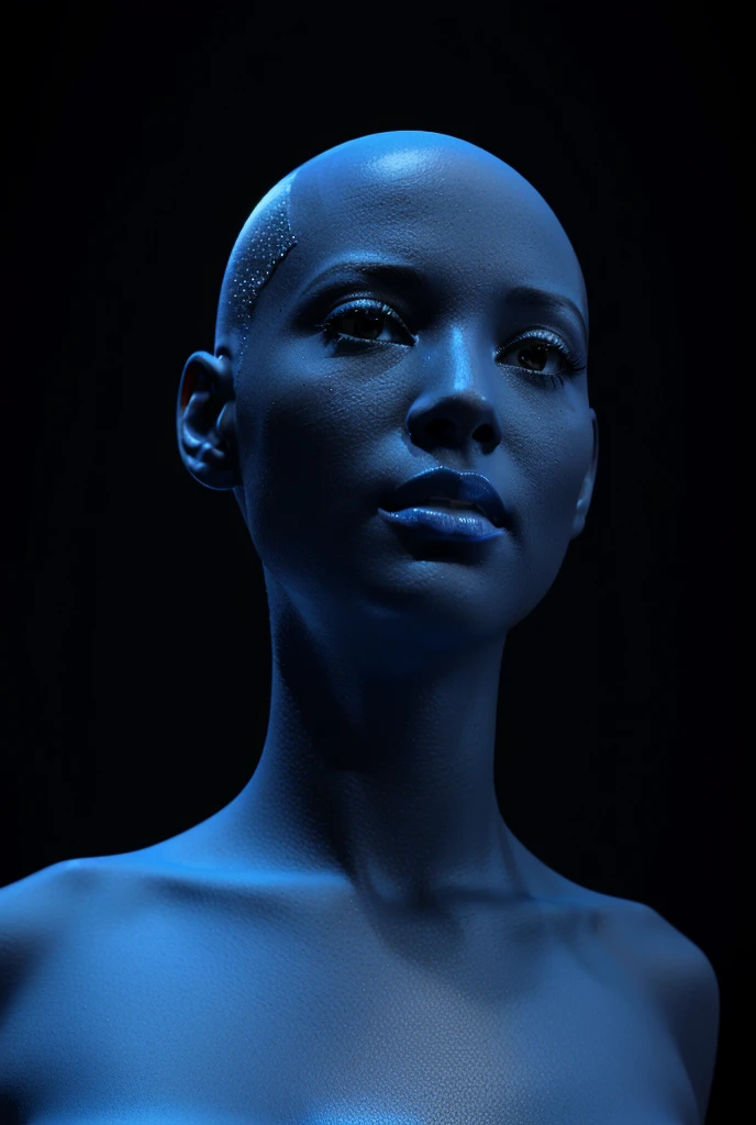 A bald 3d model of a woman looking up, against black background. She color skin is blue, she not wearing cloths.