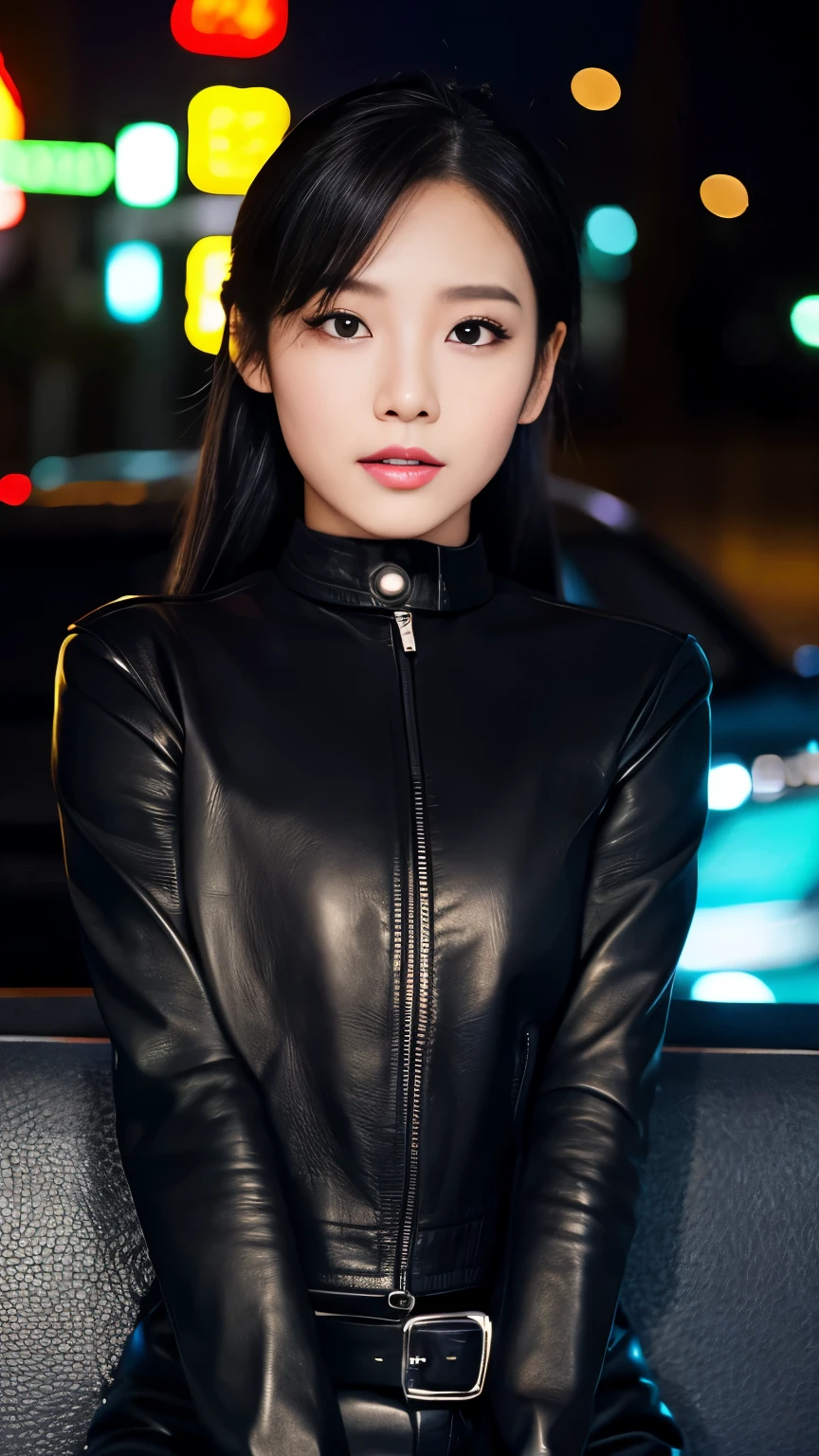 black leather rider jacket, Office in the Dark, Black leather gloved fingertips on both hands,Wearing black leather gloves,Sitting in a black leather chair、 Japanese female new recruits (Black leather gloves cover both hands) (The angle is horizontal)、Black Leather Pants,Black Leather Black Leather Pants,Black Leather Skinny Pants、Long black leather boots on both feet、Black hair ponytail ((He wears black leather gloves on his hands))Full Body Photo,full body shot full body full body leather suit,☺If you turn in this direction。Wearing black leather gloves,Wearing black leather gloves,Wearing black leather gloves,Wearing black leather gloves,Wearing black leather gloves,Wearing black leather gloves,黒のレザーパンツが美しい😍黒のレザーパンツが美しい😍黒のレザーパンツが美しい,😍Smiling while looking at me,City lights、((Neon Cyberpunk City Street:1.3))、(Neon Light)、Detailed lighting、
Best image quality、Ultra-high resolution、(realism:1.4)、Korean Beauty Star、The most beautiful KPOP stars、face、Horny Korean Makeup、A body that makes you want to touch it、Realistic leather texture、Costume made of smooth leather fabric、The drape of the curved parts of the leather fabric、The costume is very shiny、Quality of the costume、8K Photo Quality