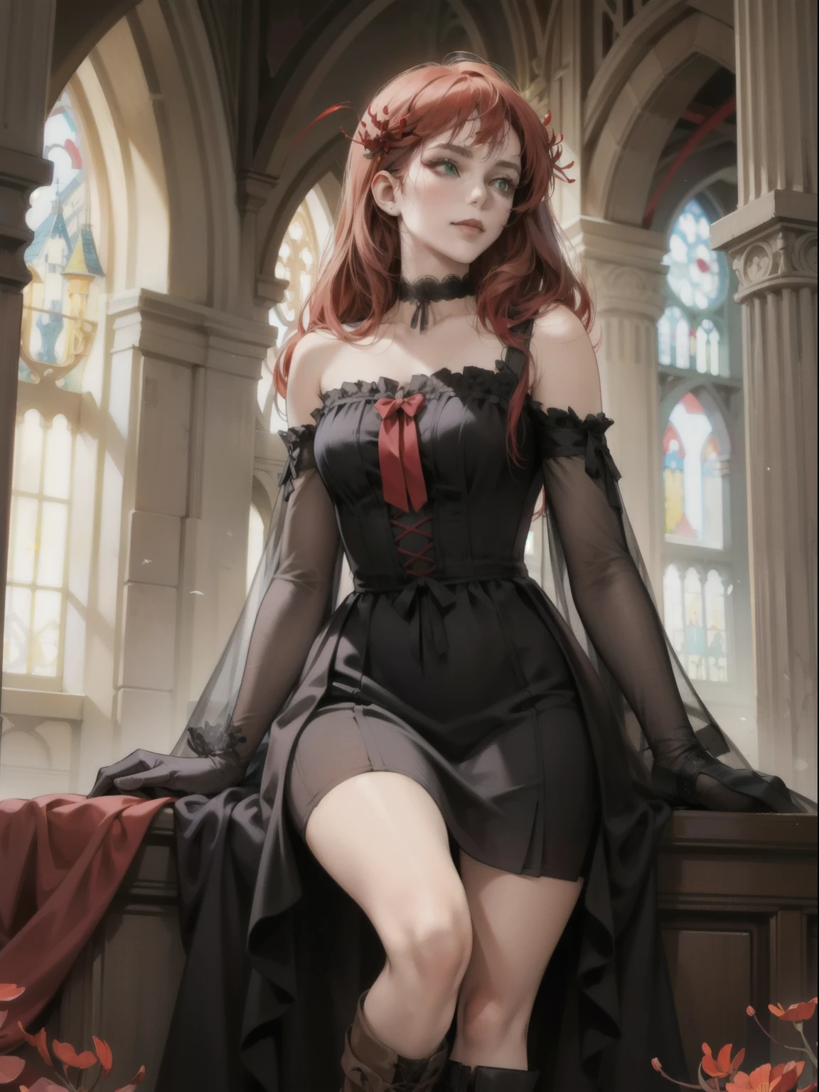 Very detailed, High resolution, masterpiece, Realistic, Beautiful details, depth, Fine texture , highest quality: 1.3, perfect face, perfect eyes, red hair, bangs, sorceress, pale skin, dark makeup, mysterious smile, dark hair ornaments, green eyes, choker, long gloves, long boots, gothic dress, long black dress, split dress, red spider lilies, Higanbana, church ruins on background