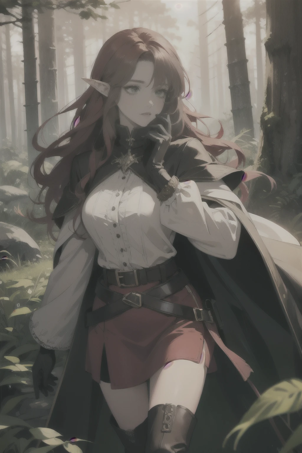 ((best quality)), ((masterpiece)), (detailed), (best quality):2 (masterpiece):2, perfect face, adult, long red hair, bangs, green eyes, elf ears, sorceress, belts, belt bag, long cape, wide sleeves, long boots, gloves, sunset, forest