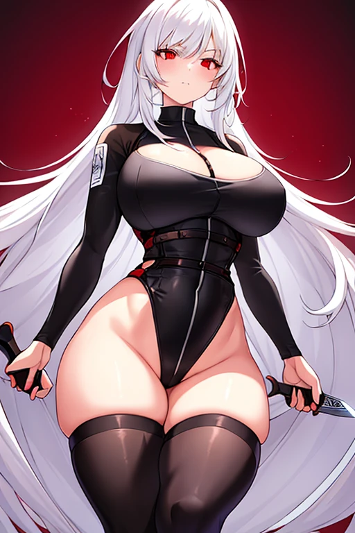 1girl, white hair, long hair, red eyes, serious, glowing eyes, large breasts, thick thighs, mature female, athletic female, toned, leotard, black leotard, thighhighs, belt, knife, knifes