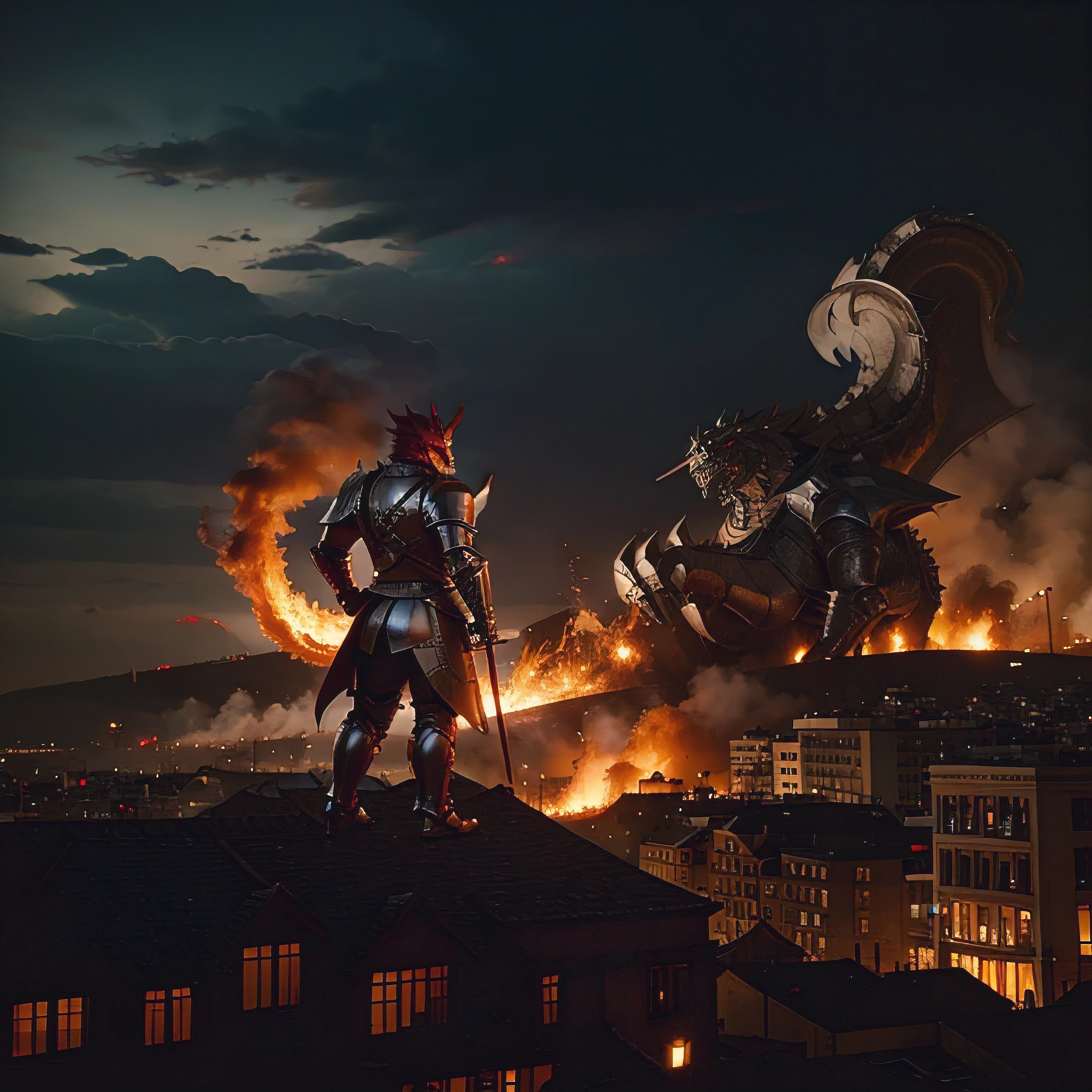 A red dragon setting the city on fire and a knight in silver armor looking into the camera.