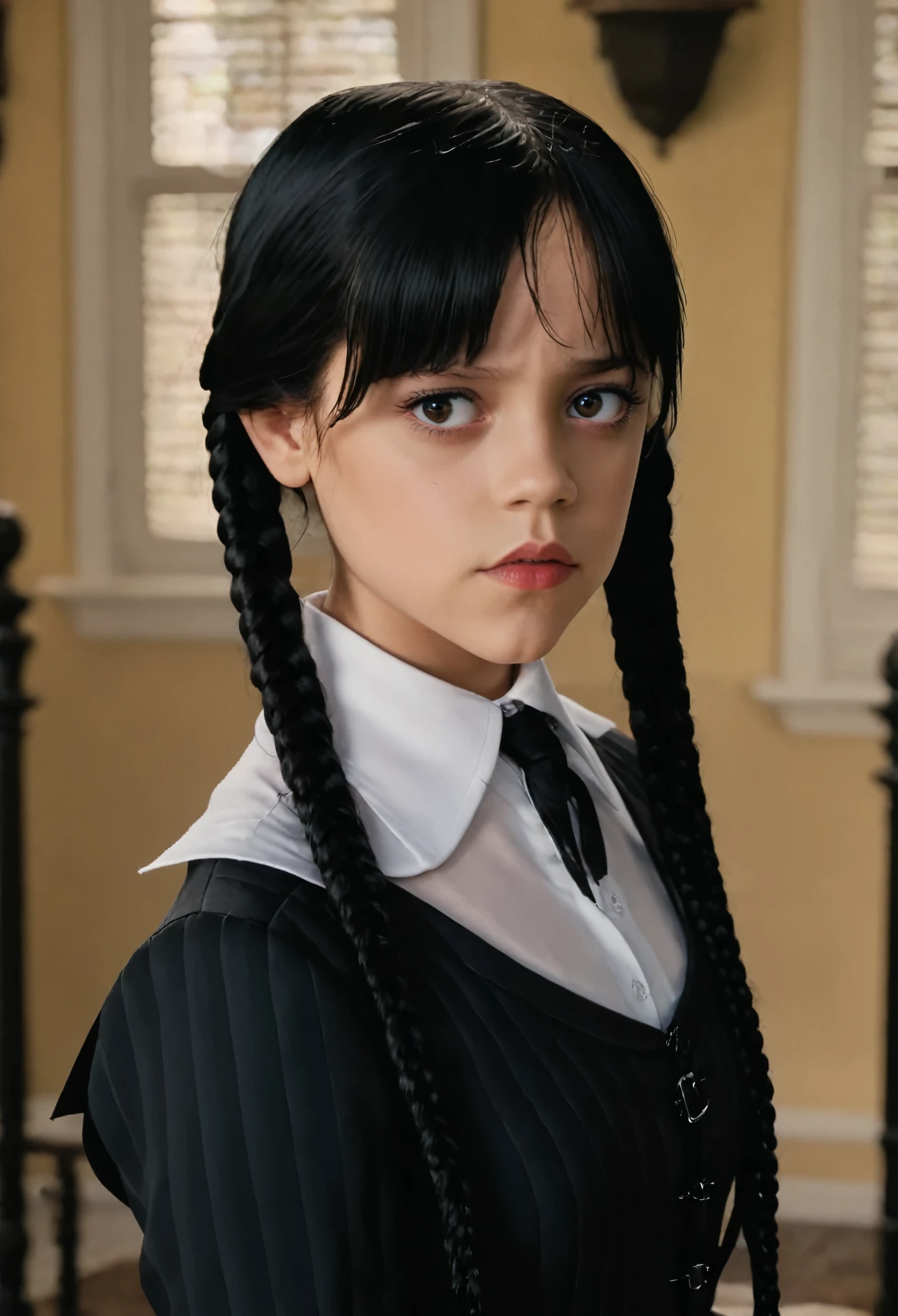 (full head):1.8, Arafed woman looks like Jenna Ortega with braids in a red dress and white shirt, as Mittwoch Addams, Mittwoch Addams, she has white eyes!!!, Sie hat schwarze Haare mit Pony, with black pigtails, she has a sweet face
