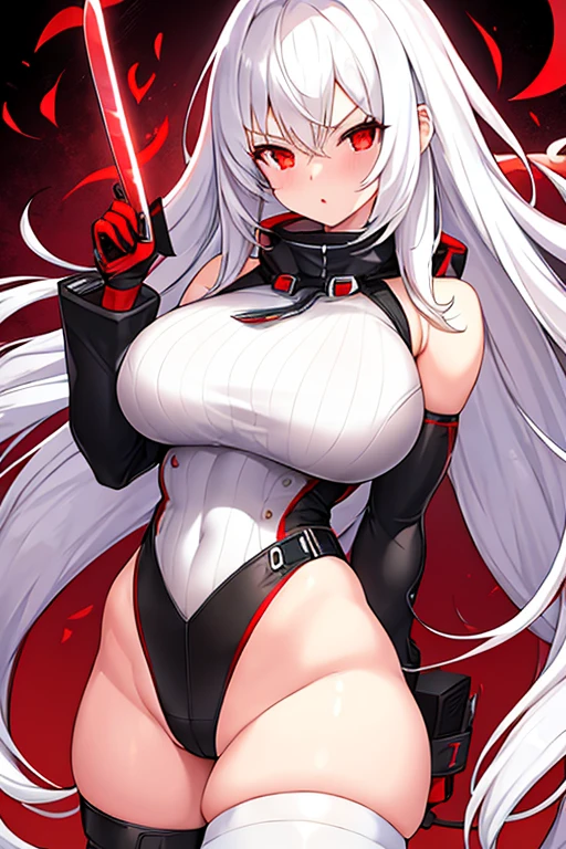 1girl, white hair, long hair, red eyes, serious, glowing eyes, large breasts, thick thighs, mature female, athletic  female, toned, leotard, black leotard, thighhighs, belt, knife