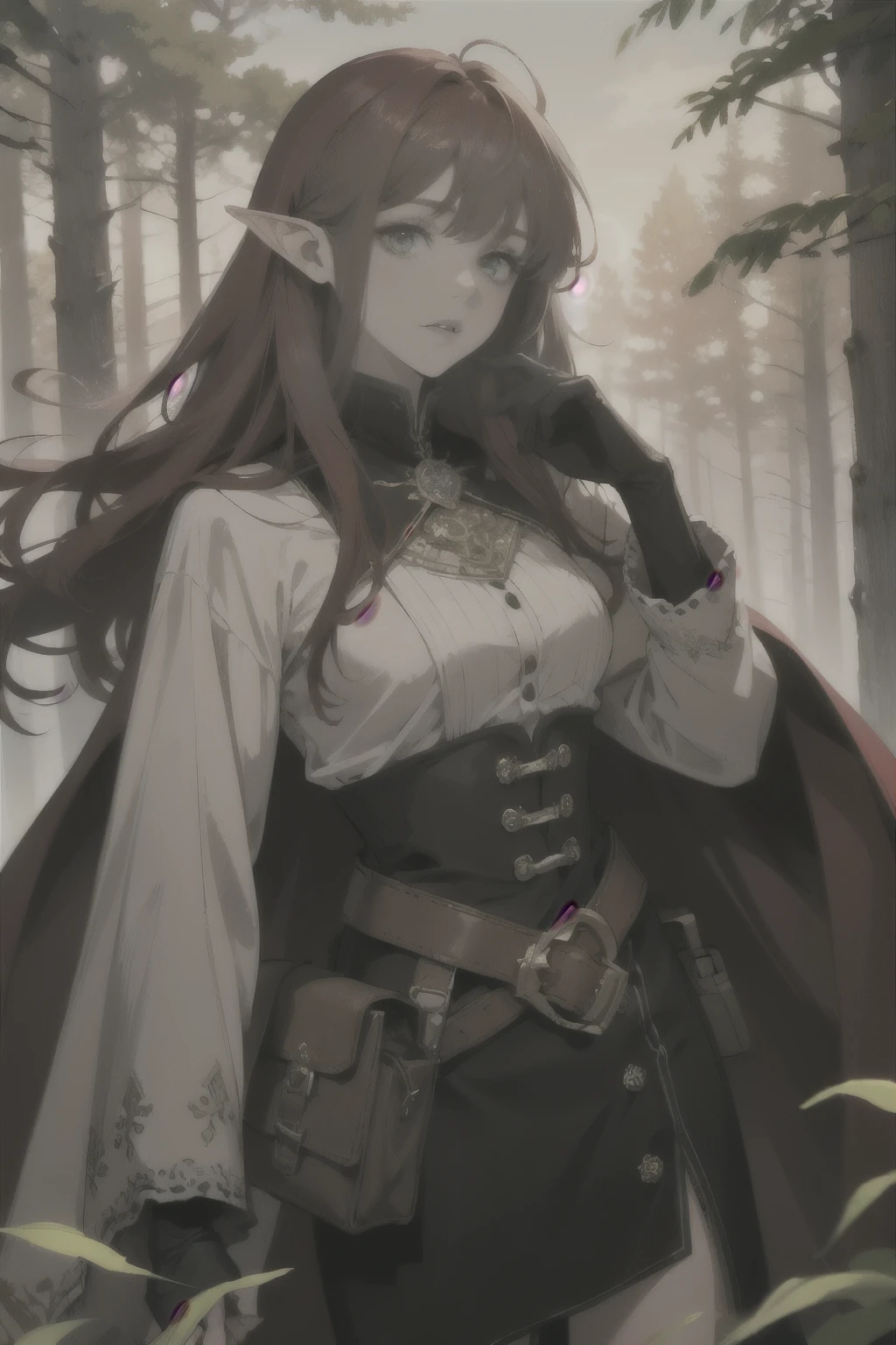 ((best quality)), ((masterpiece)), (detailed), (best quality):2 (masterpiece):2, perfect face, adult, long red hair, bangs, green eyes, elf ears, sorceress, belts, belt bag, long cape, wide sleeves, long boots, gloves, sunset, forest