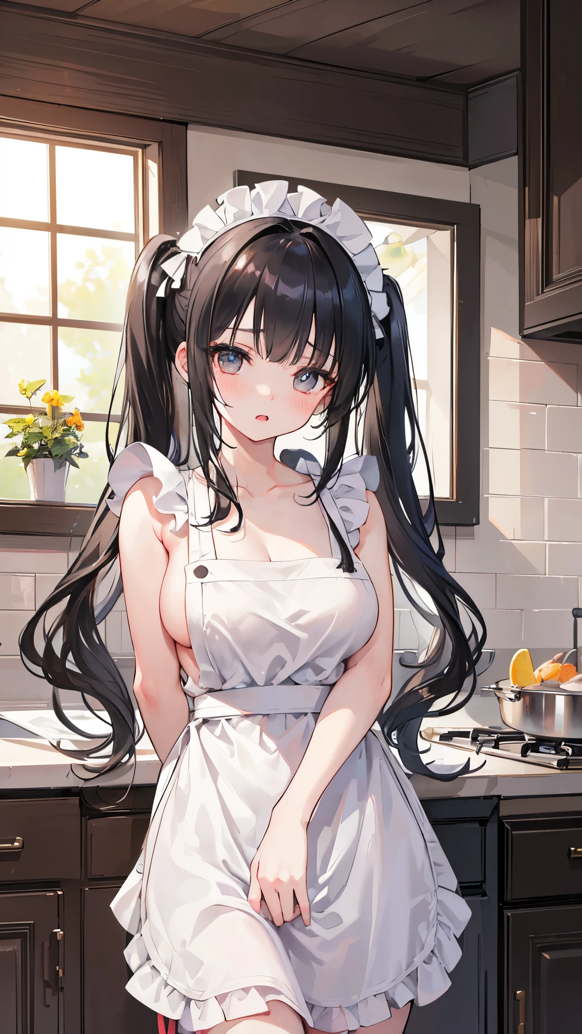 (8k、Best image quality、highest quality、masterpiece)、Detailed face、One girl、Black Hair、twintails、blunt bangs、Grey Eyes、blush、((Open Mouth))、Moderate breasts、((naked apron))、Cowboy Shot、Kitchen Background