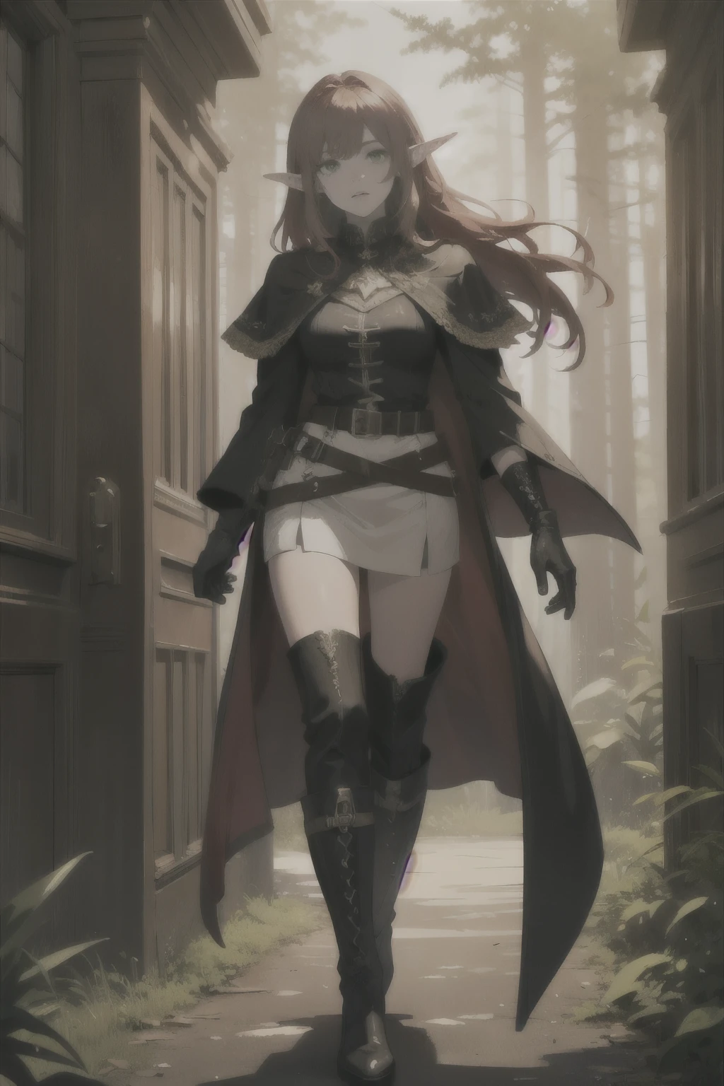 ((best quality)), ((masterpiece)), (detailed), (best quality):2 (masterpiece):2, perfect face, adult, long red hair, bangs, green eyes, elf ears, sorceress, belts, belt bag, long cape, wide sleeves, long boots, gloves, sunset, forest