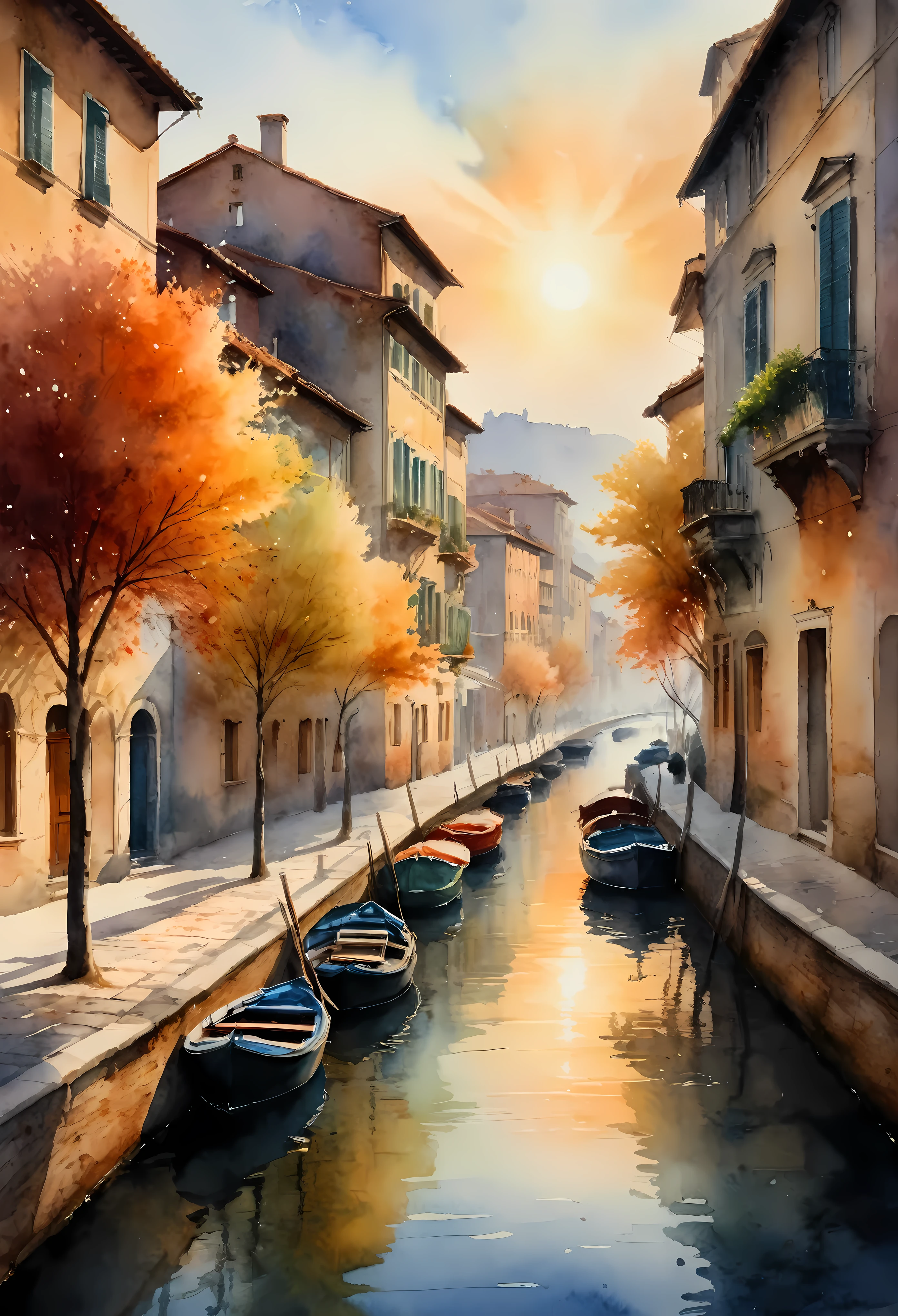 Create an image that captures the essence of classical art and award-winning painting, drawing inspiration from Valentina Verlato watercolor paintings. Visualize a enchanting watercolor painting of serene City landscape. The City landscape should be meticulously detailed. | The setting is a beautiful city, under the warm light of sunlight, casting striking shadows around. The landscape atmosphere must feel both engaging and ethereal. | Rendered in ultra-high detail and quality, this masterpiece ensures super detail. With a focus on high quality and accuracy, this award-winning portrayal captures every nuance in stunning 16k resolution, immersing viewers in its lifelike depiction. | ((watercolor painting):1.1), ((Valentina Verlato watercolor style):1.1), ((Serene City landscape):1.1). | ((perfect_composition, perfect_design, perfect_layout, perfect_detail, ultra_detailed)), ((enhance_all, fix_everything)), More Detail, Enhance.