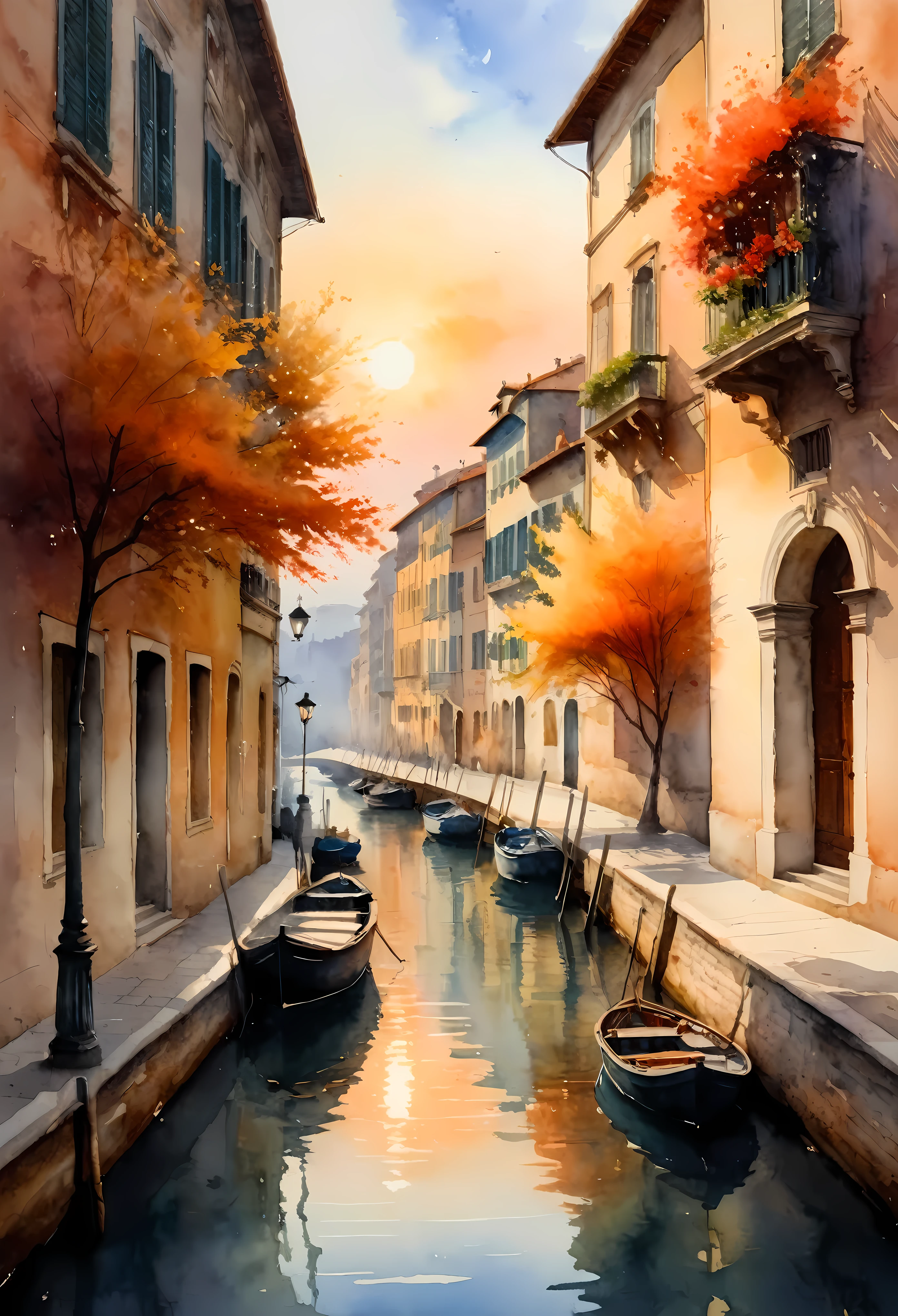 Create an image that captures the essence of classical art and award-winning painting, drawing inspiration from Valentina Verlato watercolor paintings. Visualize a enchanting watercolor painting of serene City landscape. The City landscape should be meticulously detailed. | The setting is a beautiful city, under the warm light of sunlight, casting striking shadows around. The landscape atmosphere must feel both engaging and ethereal. | Rendered in ultra-high detail and quality, this masterpiece ensures super detail. With a focus on high quality and accuracy, this award-winning portrayal captures every nuance in stunning 16k resolution, immersing viewers in its lifelike depiction. | ((watercolor painting):1.1), ((Valentina Verlato watercolor style):1.1), ((Serene City landscape):1.1). | ((perfect_composition, perfect_design, perfect_layout, perfect_detail, ultra_detailed)), ((enhance_all, fix_everything)), More Detail, Enhance.