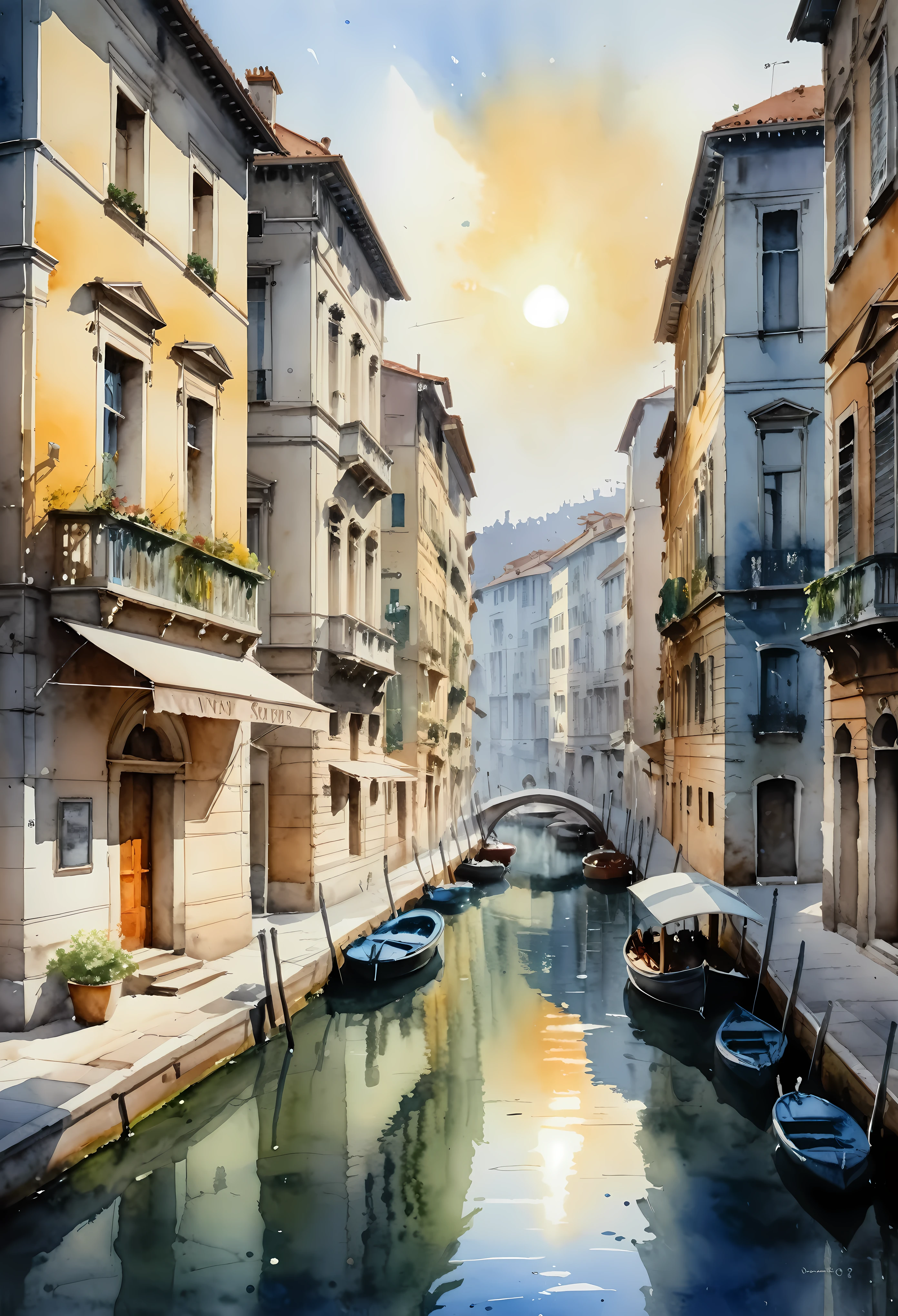 Create an image that captures the essence of classical art and award-winning painting, drawing inspiration from Valentina Verlato watercolor paintings. Visualize a enchanting watercolor painting of serene City landscape. The City landscape should be meticulously detailed. | The setting is a beautiful city, under the warm light of sunlight, casting striking shadows around. The landscape atmosphere must feel both engaging and ethereal. | Rendered in ultra-high detail and quality, this masterpiece ensures super detail. With a focus on high quality and accuracy, this award-winning portrayal captures every nuance in stunning 16k resolution, immersing viewers in its lifelike depiction. | ((watercolor painting):1.1), ((Valentina Verlato watercolor style):1.1), ((Serene City landscape):1.1). | ((perfect_composition, perfect_design, perfect_layout, perfect_detail, ultra_detailed)), ((enhance_all, fix_everything)), More Detail, Enhance.