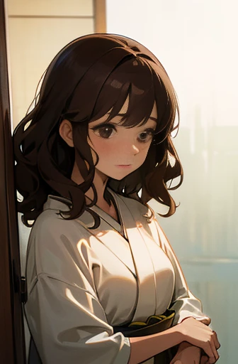 Japanese women、50 years old、Medium-haired brown hair、Wavy Hair、nude