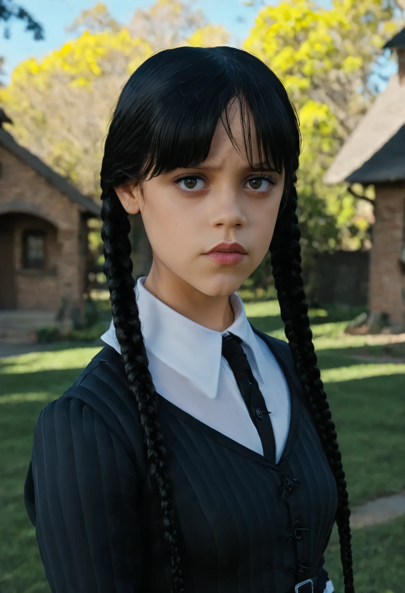 (full head):1.8, Arafed woman looks like Jenna Ortega with braids in a black dress and white shirt, as Mittwoch Addams, Mittwoch Addams, she has white eyes!!!, Sie hat schwarze Haare mit Pony, with black pigtails, she has a sweet face
