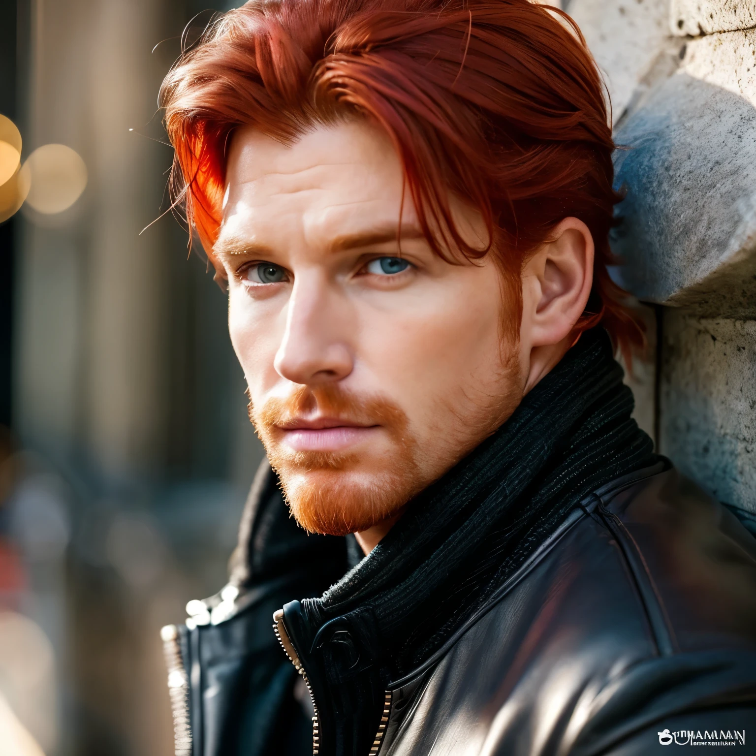 32 year old redhead boy, with marked jaw, americano, dominante, ropa casual de color negro, maduro, lindo, ojos marrones, cabello largo hasta el cuello