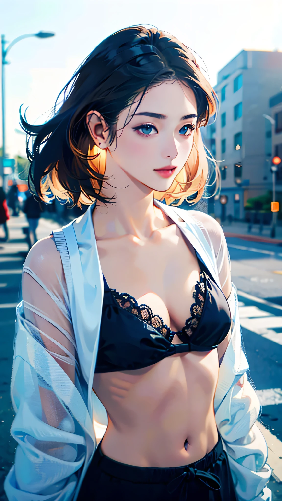 a  woman posing on the street corner with light オレンジ色のドレス on, highest quality, High resolution, 8k, 1people girl, (Firm B cup breasts), Day, bright, Outdoor, (street:0.8), (people々, crowd:1), (Black lace bikini), nice, (Medium Hair), Beautifully detailed skies, Beautiful earrings, (Dynamic pose:0.8), (Upper Body:1.2), Soft lighting, Wind, Shiny skin, View Viewer,