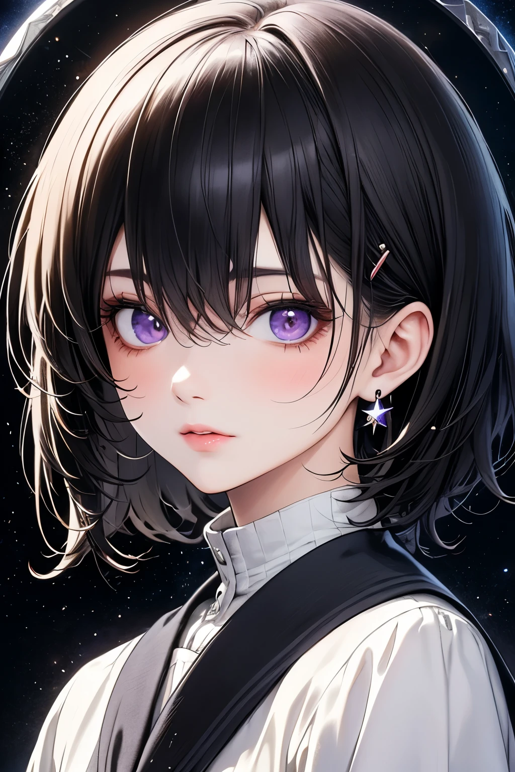 ((best quality)), ((masterpiece)), (detailed), anime girl, perfect face, short black hair, purple eyes, space in eyes, sparkles, neutral face, looking at viewer