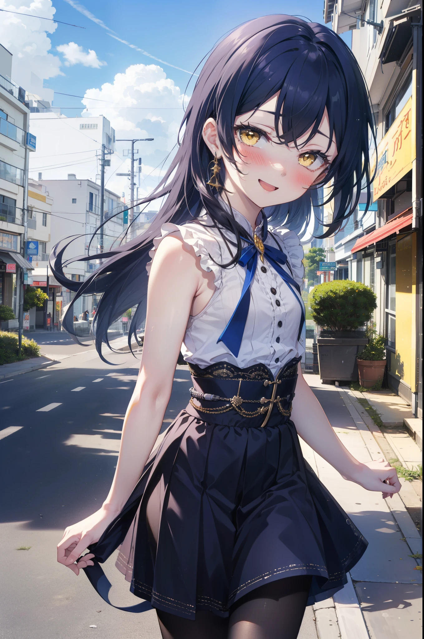 Kamisonoda, Umi Sonoda, Long Hair, Blue Hair, (Yellow Eyes:1.5) (Flat Chest:1.2),happy smile, smile, Open your mouth,blush,Blue sleeveless dress,Bare arms、Blue long skirt,Cute Sandals,Daytime,Clear skies,whole bodyがイラストに入るように,Walking,
break looking at viewer,whole body,
break outdoors, In town,Building district,Coastal Road,
break (masterpiece:1.2), highest quality, High resolution, unity 8k wallpaper, (figure:0.8), (Beautiful fine details:1.6), Highly detailed face, Perfect lighting, Highly detailed CG, (Perfect hands, Perfect Anatomy),