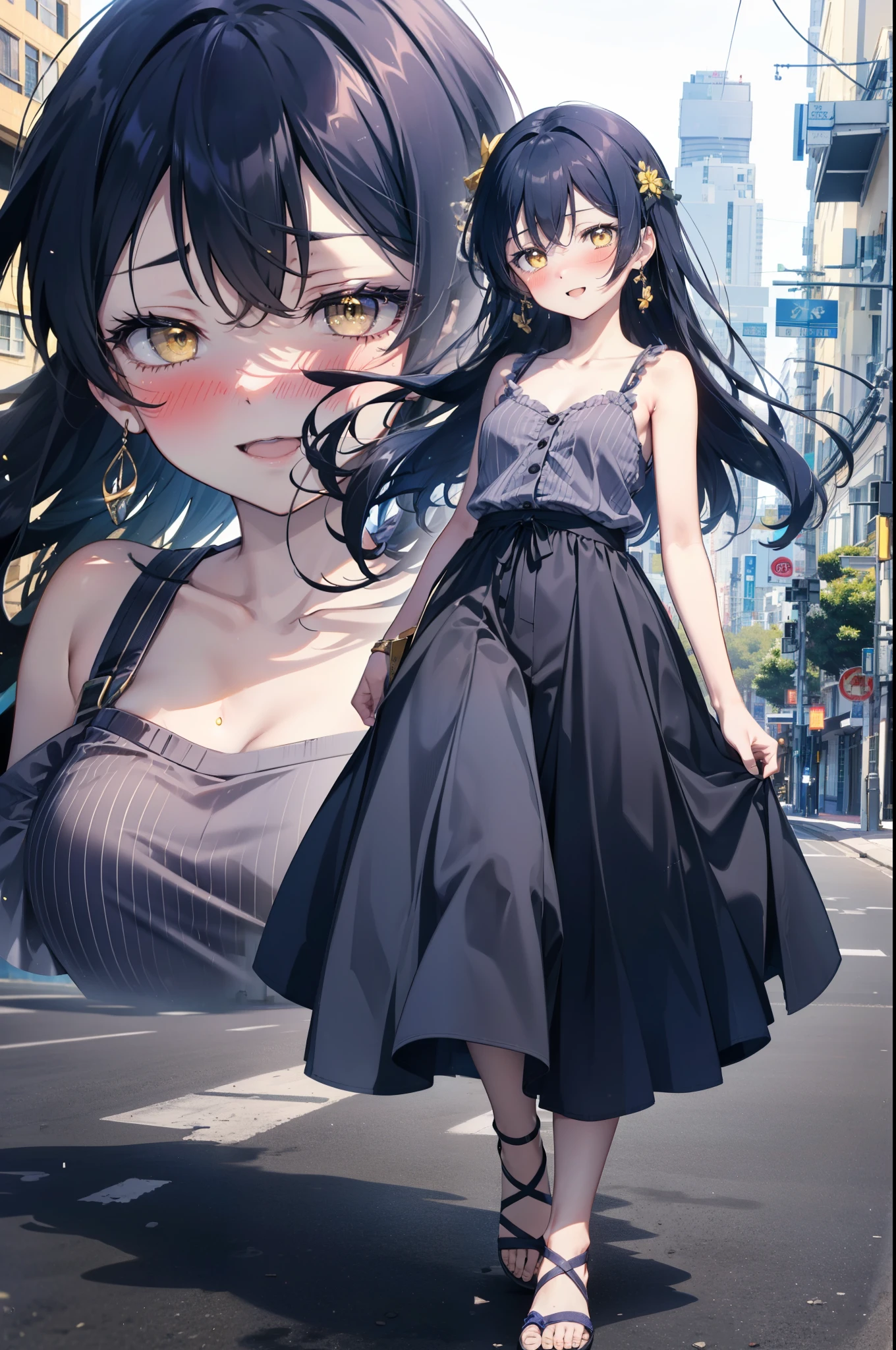 Kamisonoda, Umi Sonoda, Long Hair, Blue Hair, (Yellow Eyes:1.5) (Flat Chest:1.2),happy smile, smile, Open your mouth,blush,Blue sleeveless dress,Bare arms、Blue long skirt,Cute Sandals,Daytime,Clear skies,whole bodyがイラストに入るように,Walking,
break looking at viewer,whole body,
break outdoors, In town,Building district,Coastal Road,
break (masterpiece:1.2), highest quality, High resolution, unity 8k wallpaper, (figure:0.8), (Beautiful fine details:1.6), Highly detailed face, Perfect lighting, Highly detailed CG, (Perfect hands, Perfect Anatomy),