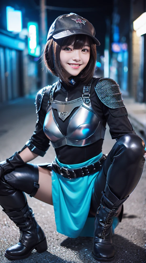 high quality,High resolution,woman,Beautiful Face,Captivating smile,short hair,,View Viewer、squat,Open your mouth,Dress in Armor,Cutout of the stomach,gloves,leather,belt,cap,Cyberpunk City,road,street,Sparkly Background,