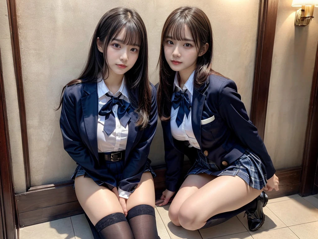 (8K, Raw photography, top-quality, masterpiece:1.2), master piece, best quality, illustration, Super detailed, fine details, High resolution, 8K,wall paper, perfect dynamic composition,(Details High quality, realistic depiction of eyes:1.3), ((2 girls, 2 schoolgirls)), The background is a luxury hotel room、High school girl uniform、blazer 、Super Short Check Uniform Skirt、Navy blue high socks、garterbelts、Colossal tits、Disturbed uniform, Play with each other,Touching each other's bodies,Touching the body of the girl next door, short bob hair, black hair color, huge breasts, Big Natural Color Lip, bold sexy pose, (perfect body shape), crying a little、cold gaze, Beautiful makeup,glitter makeup,Cutest 18 years old, beautiful legs, hposing Gravure Idol, Voluptuous thighs