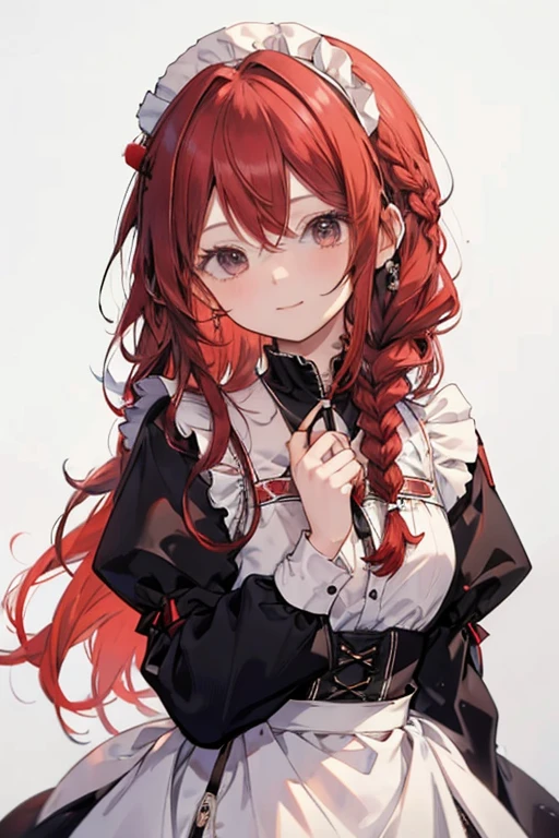 est quality, masterpiece, detailed, 1 girl, solo, red hair, long hair, twin braid hair, black eyes, smile, closed mouth looking at viewer, maid, upper body, simple background, portrait