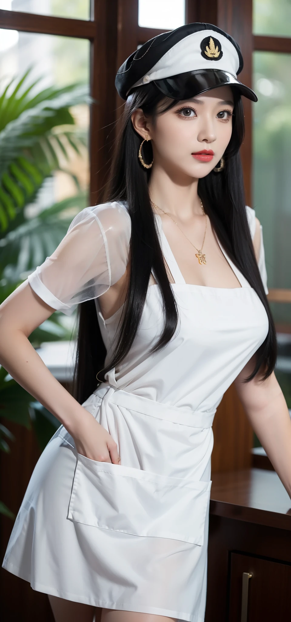 woman((30 years old)), hair((long, Straight Hair, Black)), Eye((smart Eye, Black Eye contact)), ((, White transparent shirt，Black transparent apron，Military cap，)), Accessories ((hairpin, necklace, earrings)),，Smile，complexion，Large Breasts: 1.3, :1.2, Korean makeup, red lips,  Rainforest， double hair bun, ，Bikini，nude，Standing