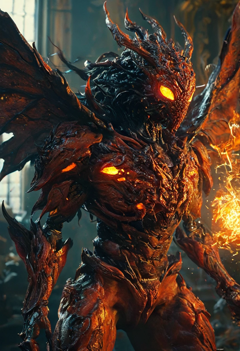 (highest quality,4K,8k,High resolution,masterpiece:1.2), Super detailed, (Realistic,photoRealistic,photo-Realistic:1.37), black creature, Otherworldly, Lovecraft, Chitinous Skin, Bioluminescence Pattern, Dark color palette, Spooky lighting.(Browsing Caution:1.4), black, red, orange, 非常に長く鋭いredい爪, Big Claws, Her body is bioluminescent. Moisturized Skin, (Extremely detailed and intricate skin patterns:1.2), (Translucent chitinous exoskeleton:1.3), (Very small waist:1.4), (Destroyed Anatomy:1.5), violent, erotic,
