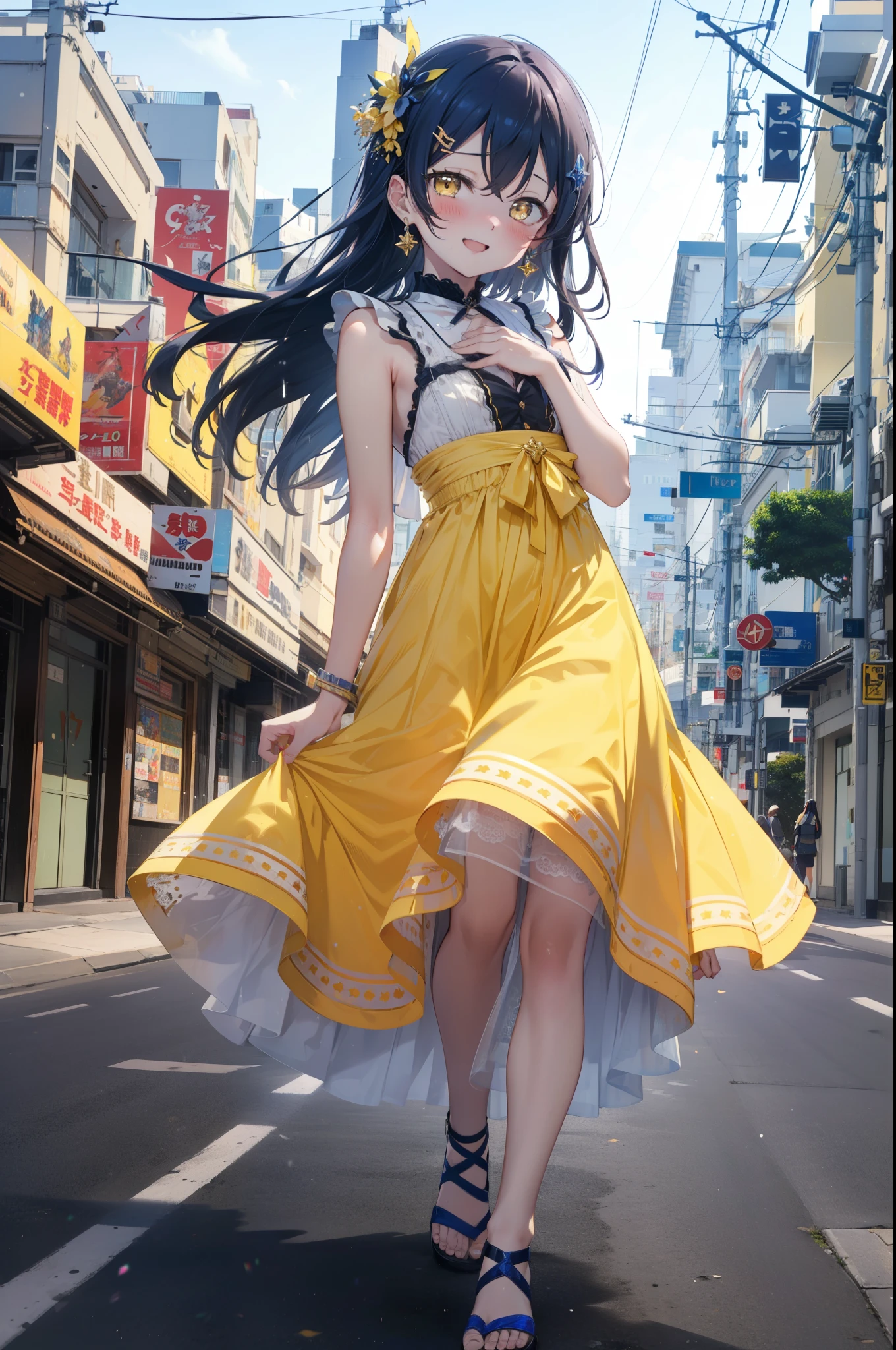 Kamisonoda, Umi Sonoda, Long Hair, Blue Hair, (Yellow Eyes:1.5) (Flat Chest:1.2),happy smile, smile, Open your mouth,blush,Blue sleeveless dress,Bare arms､Blue long skirt,Cute Sandals,Daytime,Clear skies,whole bodyがイラストに入るように,Walking,
break looking at viewer,whole body,
break outdoors, In town,Building district,Coastal Road,
break (masterpiece:1.2), highest quality, High resolution, unity 8k wallpaper, (figure:0.8), (Beautiful fine details:1.6), Highly detailed face, Perfect lighting, Highly detailed CG, (Perfect hands, Perfect Anatomy),