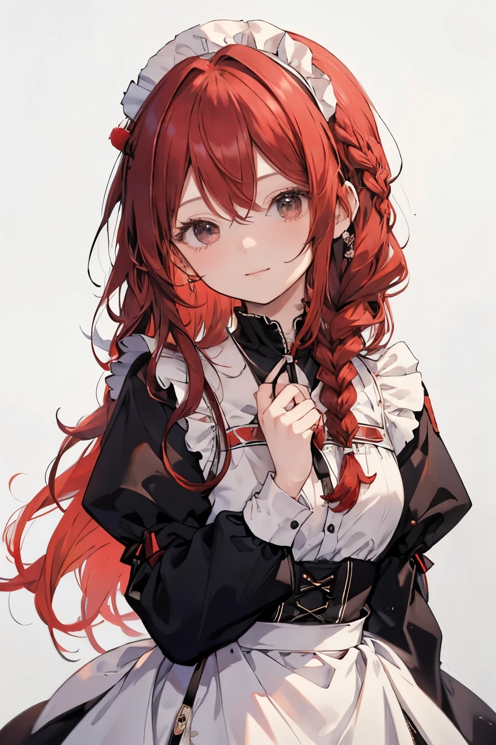 est quality, masterpiece, detailed, 1 girl, solo, red hair, long hair, twin braid hair, black eyes, smile, closed mouth looking at viewer, maid, upper body, simple background, portrait
