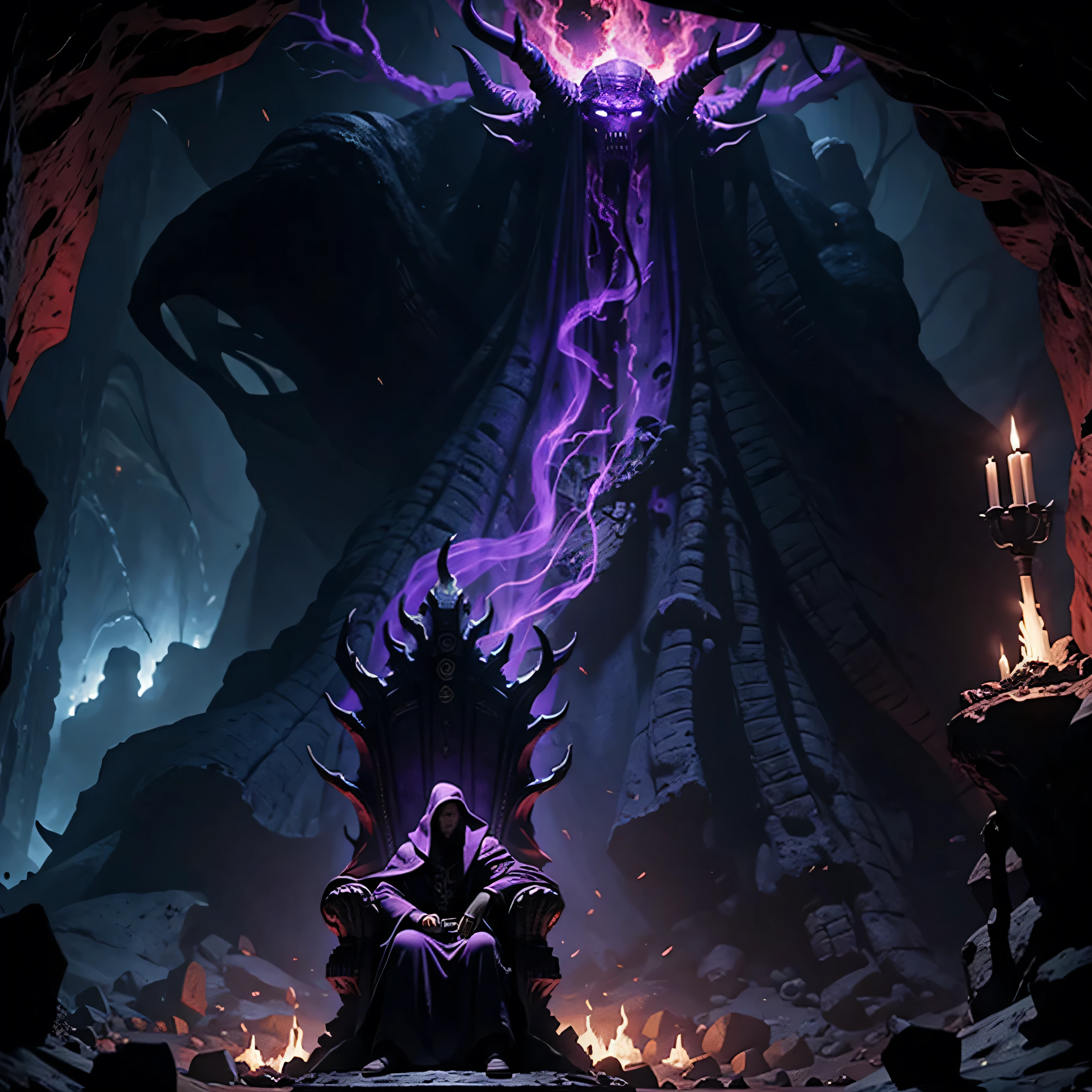 Dark purple Mindflayer in a cave on a throne of skulls with fire in the background staring menacingly