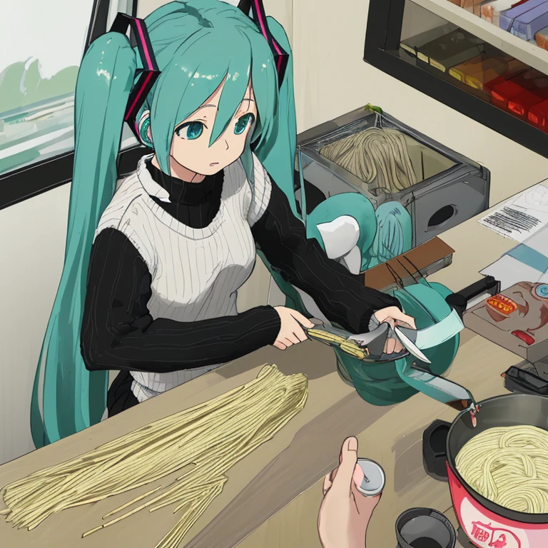 Hatsune Miku knits a sweater using knife-cut noodles
