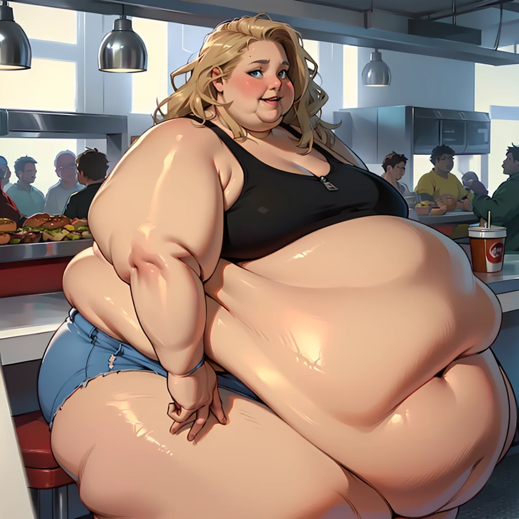 (masterpiece, best quality, highres, detailed, realistic:1.2), young american woman, USSBBW, (morbidly obese, fatblob:1.8), (gigantic belly:1.3), (detailed face, beautiful face:1.2), high aesthetic, unzipped hot pants, streched ripped tanktop, long wavy blonde hair, blue eyes, eating a huge burger, burger joint, from side