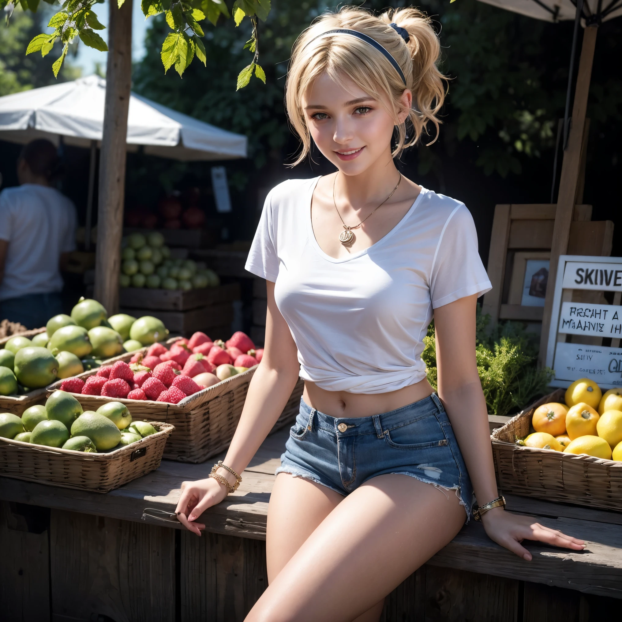 (realistic:1.3), finely detailed, quality, rembrandt lighting, (masterpiece:1.2), (photorealistic:1.2), (best quality), (detailed skin:1.3), (intricate details), dramatic, ray tracing, 1girl, 21 years old, detailed skin texture, (blush:0.5), (goosebumps:0.5), subsurface scattering, smiling, small breasts, puffy nipples, short hair, blonde hair, red eyes, hairband, hair ribbon, ponytail, tshirt, short shorts, key necklace, wristband, fullbody shot, (bright sunny day, village, outdoors, market, fresh produce)