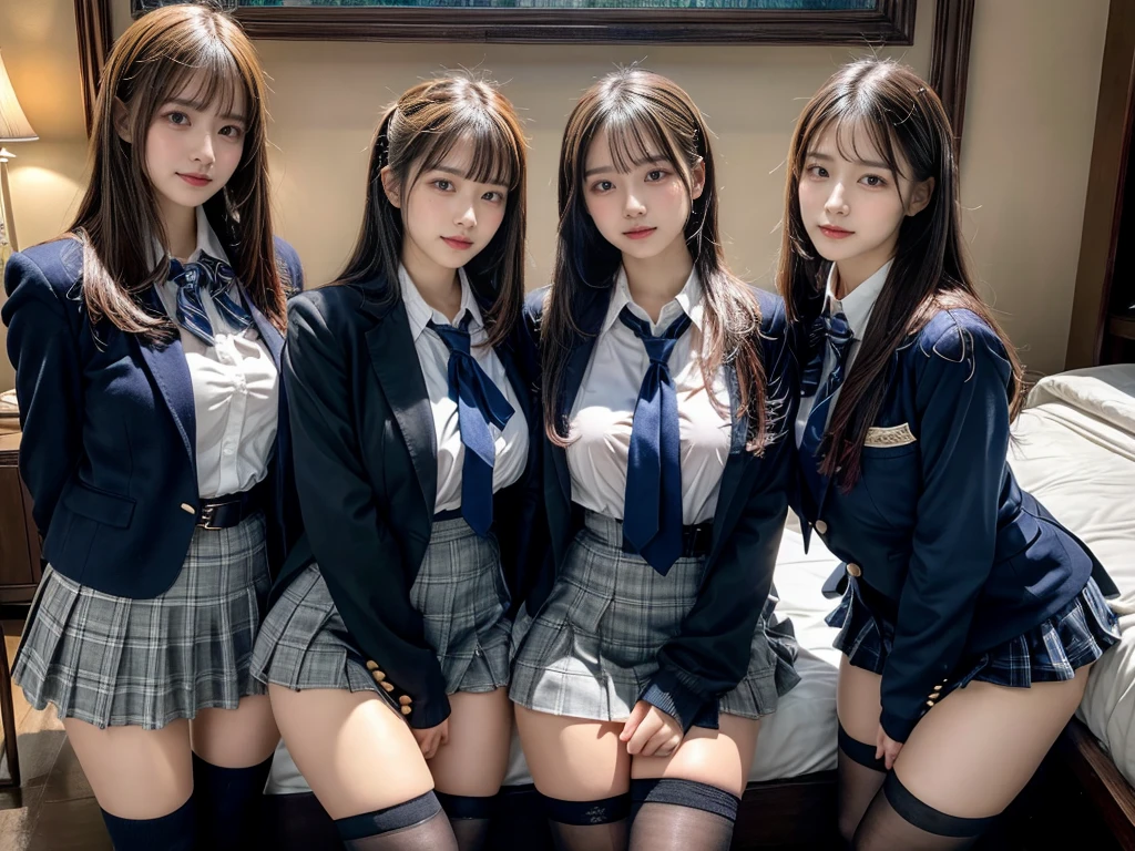 (8K, Raw photography, top-quality, masterpiece:1.2), master piece, best quality, illustration, Super detailed, fine details, High resolution, 8K,wall paper, perfect dynamic composition,(Details High quality, realistic depiction of eyes:1.3), ((2 girls, 2 schoolgirls)), The background is a luxury hotel room、High school girl uniform、blazer 、Super Short Check Uniform Skirt、Navy blue high socks、garterbelts、Colossal tits、Disturbed uniform, Play with each other,Touching each other's bodies,Touching the body of the girl next door, short bob hair, black hair color, huge breasts, Big Natural Color Lip, bold sexy pose, (perfect body shape), crying a little、cold gaze, Beautiful makeup,glitter makeup,Cutest 18 years old, beautiful legs, hposing Gravure Idol, Voluptuous thighs