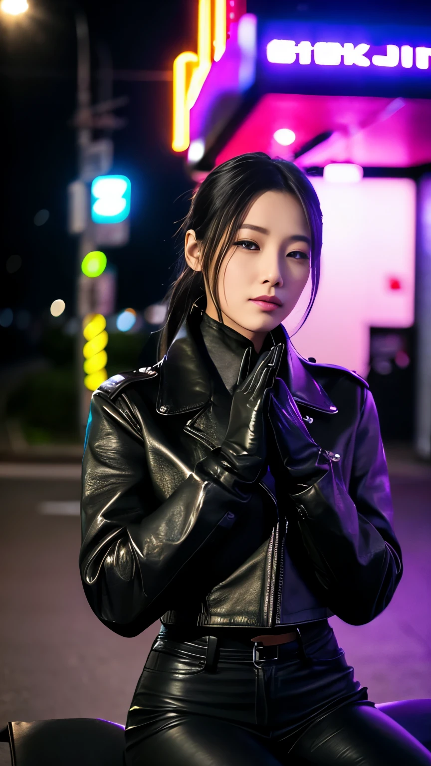 black leather rider jacket, Office in the Dark, Black leather gloved fingertips on both hands,Wearing black leather gloves,Sitting in a black leather chair、 Japanese female new recruits (Black leather gloves cover both hands) (The angle is horizontal)、Black Leather Pants,Black Leather Black Leather Pants,Black Leather Skinny Pants、Long black leather boots on both feet、Black hair ponytail ((He wears black leather gloves on his hands))Full Body Photo,full body shot full body full body leather suit,☺If you turn in this direction。Wearing black leather gloves,Wearing black leather gloves,Wearing black leather gloves,Wearing black leather gloves,Wearing black leather gloves,Wearing black leather gloves,黒のレザーパンツが美しい😍黒のレザーパンツが美しい😍黒のレザーパンツが美しい,😍Smiling while looking at me,City lights、((Neon Cyberpunk City Street:1.3))、(Neon Light)、Detailed lighting、
Best image quality、Ultra-high resolution、(realism:1.4)、Korean Beauty Star、The most beautiful KPOP stars、face、Horny Korean Makeup、A body that makes you want to touch it、Realistic leather texture、Costume made of smooth leather fabric、The drape of the curved parts of the leather fabric、The costume is very shiny、Quality of the costume、8K Photo Quality