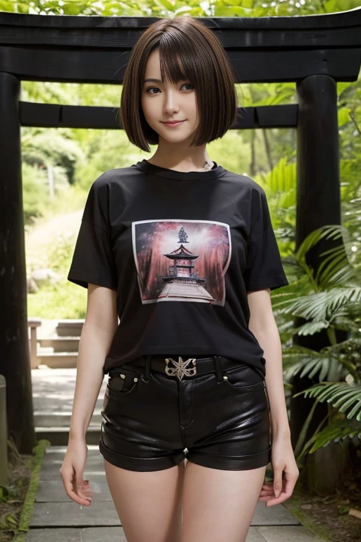 (best quality, masterpiece, ultra high resolution), (8k wallpaper, high-definition, HDR, RAW), (hyperrealistic), (authenticity: 1.4), (full body shot), 1girl, ((14 year old girl)), ((Short brown hair)), ((japanese bob haircut)), ((Pretty Japanese Girl)), ((Pretty face)), ((Tight clothes)), ((Brown eyes)), ((Pale skin)), amazing slim body, female curves, long legs, thick thighs, big ass, flat tummy, ((perfect hands)), standing, leaning forward, (((T-shirt with Gothic design))), (((Black shorts))), ((Gothic pins)), ((view at viewer)), ((Gothic make-up)), ((Seductive smile)), ((In an ancient shinto temple covered by vegetation, a torii at background)), sunset illumination, sunlight illumination, divine illumination, contrast