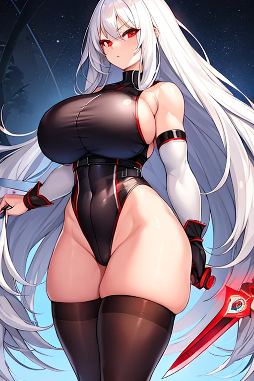 1girl, white hair, long hair, red eyes, serious, glowing eyes, large breasts, thick thighs, mature female, athletic female, toned, leotard, black leotard, thighhighs, belt, knife, pantyhose