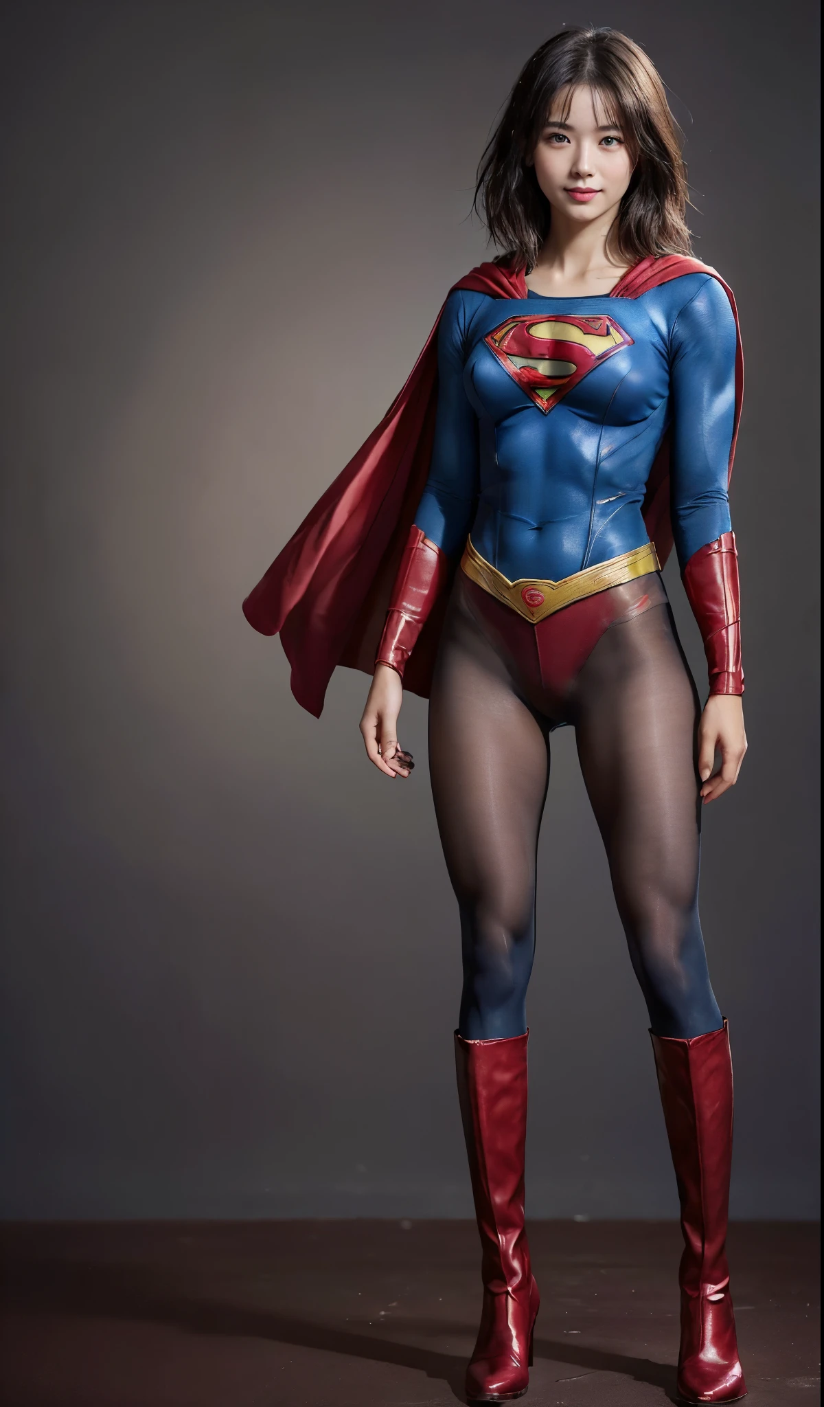 No background、(((Beautiful legs in black tights.)))、(((Legally express the beauty of your smile)))、((((Make the most of your original images)))、(((Body-hugging Supergirl costume)))、(((Supergirl Costume)))、(((Beautiful short hair)))、(((She is winking cutely.)))、(((Please wear black tights....、Wear red boots)))、((Best image quality、8k))、((highest quality、8k、masterpiece:1.3))、(((Preserve background )))、Sharp focus:1.2、Beautiful woman with perfect figure:1.4、Slim Abs:1.2、Wet body:1.5、Highly detailed face and skin texture、8k