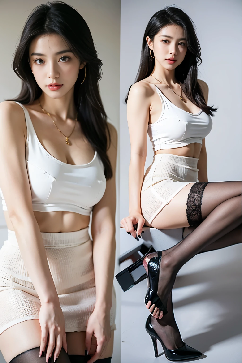 (masterpiece:1.3), (8 thousand, realistic, RAW photos, best quality: 1.4), (1 woman),(sheer silk blouse), (short skirt), (짙은색 realistic 팬티 스타킹), (wearing stockings), (wearing stockings), (High Heels), (High Heels), (very sexy), (full body shot), (Beautiful makeover), (유난히 아름다운 realistic 얼굴), (Build a beautiful body) , (beautiful face), (beautiful face), (long eyelashes), (double eyelid), (big bust) , (Strong body through exercise), (beautiful abs), (Beautiful heaps), (tall), (such a beautiful body), (realistic face), (black hair. parted, long hair:1.3), (아름다운 parted스타일), (realistic eyes), (really beautiful and delicate eyes), (realistic skin), (beautiful skin), (absurd), (attractive), (ultra high resolution), (extremely realistic), (very detailed), (golden ratio), (realistic 길고 아름다운 다리), (realistic and beautiful arms), (necklace), (earring),(beautiful nails manicure), (So beautiful and sexy)
