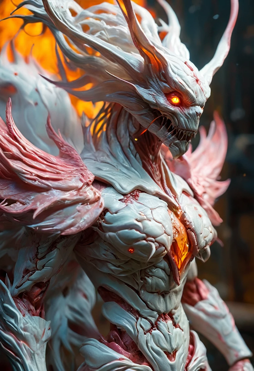 (highest quality,4K,8k,High resolution,masterpiece:1.2), Very detailed, (Realistic,photoRealistic,photo-Realistic:1.37), white creature, Otherworldly, Lovecraft, Chitinous Skin, Bioluminescence Pattern, Dark Color Palette, Spooky lighting.(Browsing Caution:1.4), white, pink, orange, Very long and sharp red claws, Big Claws, Her body is bioluminescent. Moisturized Skin, (Extremely detailed and intricate skin patterns:1.2), (Translucent chitinous exoskeleton:1.3), (Very small waist:1.4), (Destroyed Anatomy:1.5), violent, erotic,nine tailed fox,