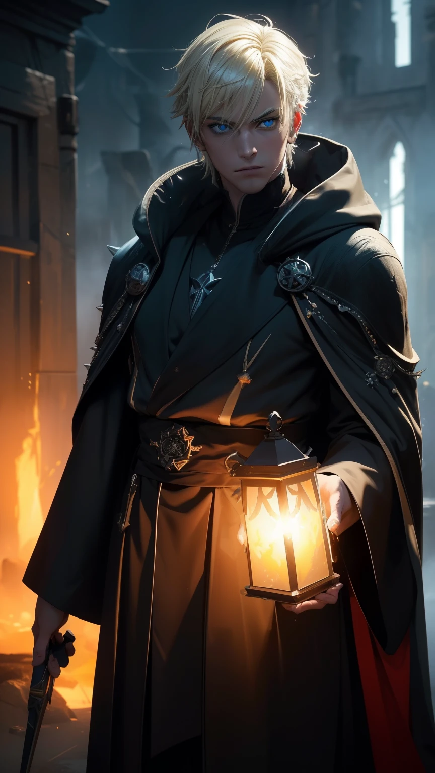 (in 8K、top-quality、masterpiece:1.2)、Vampire、Cyberpunk men、fantasy worlds、dark backgrounds、Clean design、Magnificent Instagram、art stations、Colorful paint splatter、silhuette、Ultra-detailed intricate details、unrealengine、Fantasia、intricate detailes、Splash Screen、Complementary color scheme、Fantasy concept art、an oil painting、heavy strokes、Paint dripping、(isolated on white:1.3)、Rainbow skin、(((Handsome young man)))、(glowingblueeyes)、 ((Bright eye)), (( spiky Long Yellow hair:1.1))), ((Black Millitary Coat)), (prinz\\(indifferent look\\),(Wearing a luxurious black robe with high detail))), Yellow-haired, Frost Rune magic, ((breastsout), ((Wizard)).