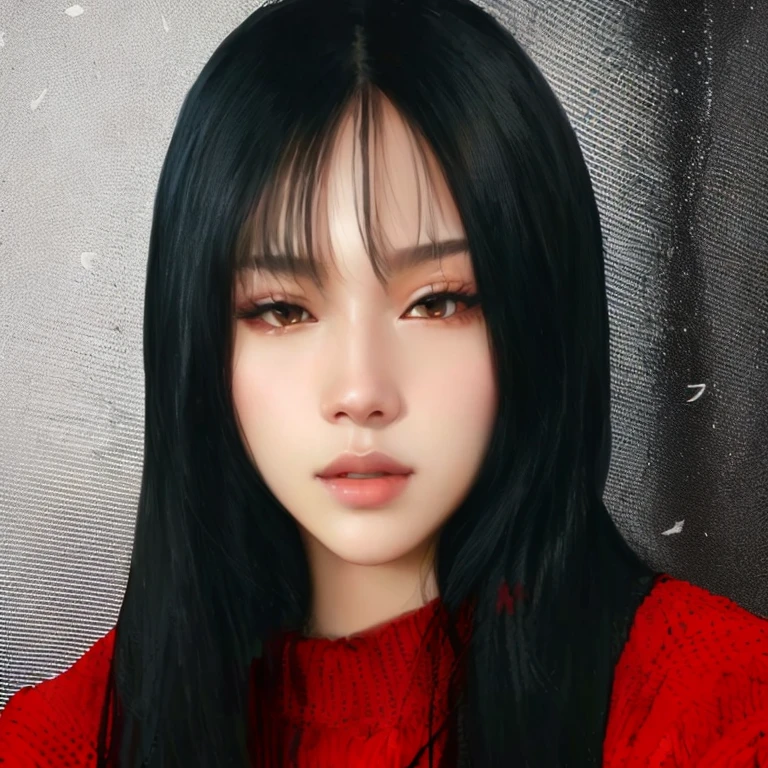 Arafed woman with long black hair and red sweater posing for a photo., portrait of jossi de blackpink, retrato de jisoo rosa negro, jossi de blackpink, jisoo de blackpink, Jisoo de Blackpink, kpop idol portrait, female korean idol portrait, jennie rosa negro, inspirado en Sim Sa-jeong, sun yunjoo, aparcar desde-min