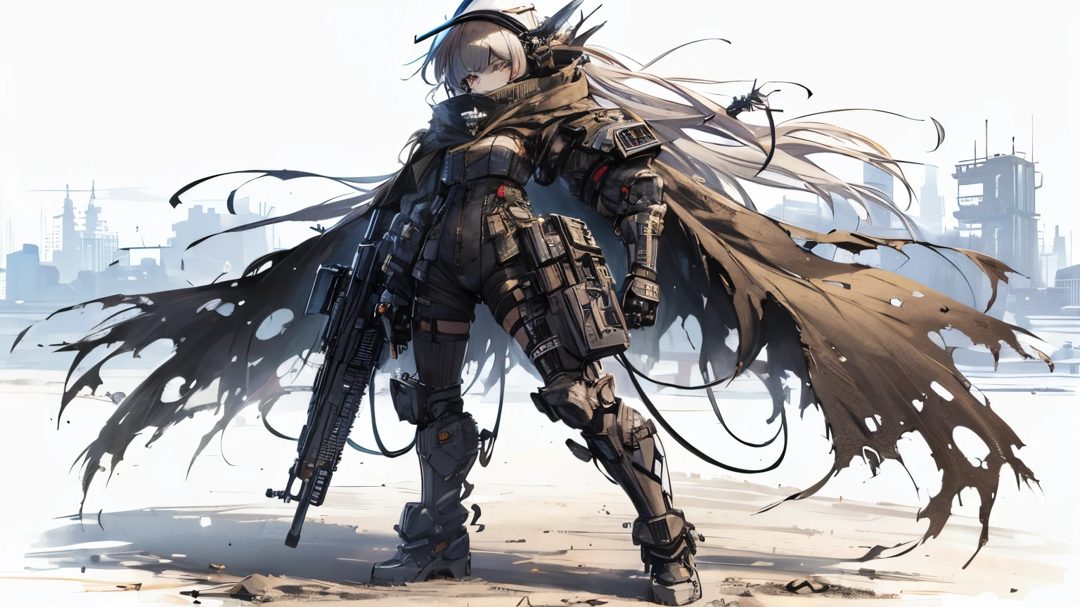 (masutepiece, Best Quality), ultra-detailliert, Anime style, Full body, Solo, cyberpunk soldier girl, Tattered high-tech armor under a torn cloak, Cyber Headgear, wearing high-tech boots, Standing in the wasteland, Digital Painting, 8K High Resolution, trendy Art Station, White background, Whole body,